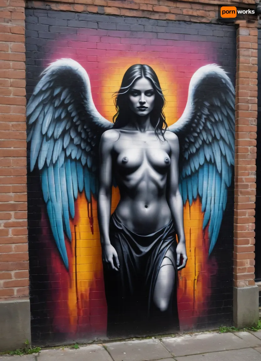 Street Art, Mural, Spray Paint, Tones of Black, High Contrast, Ultra-HD, Angelic, Evil, Powerful, Natural Lighting, Reflective, Polished, Brick, Aerosol