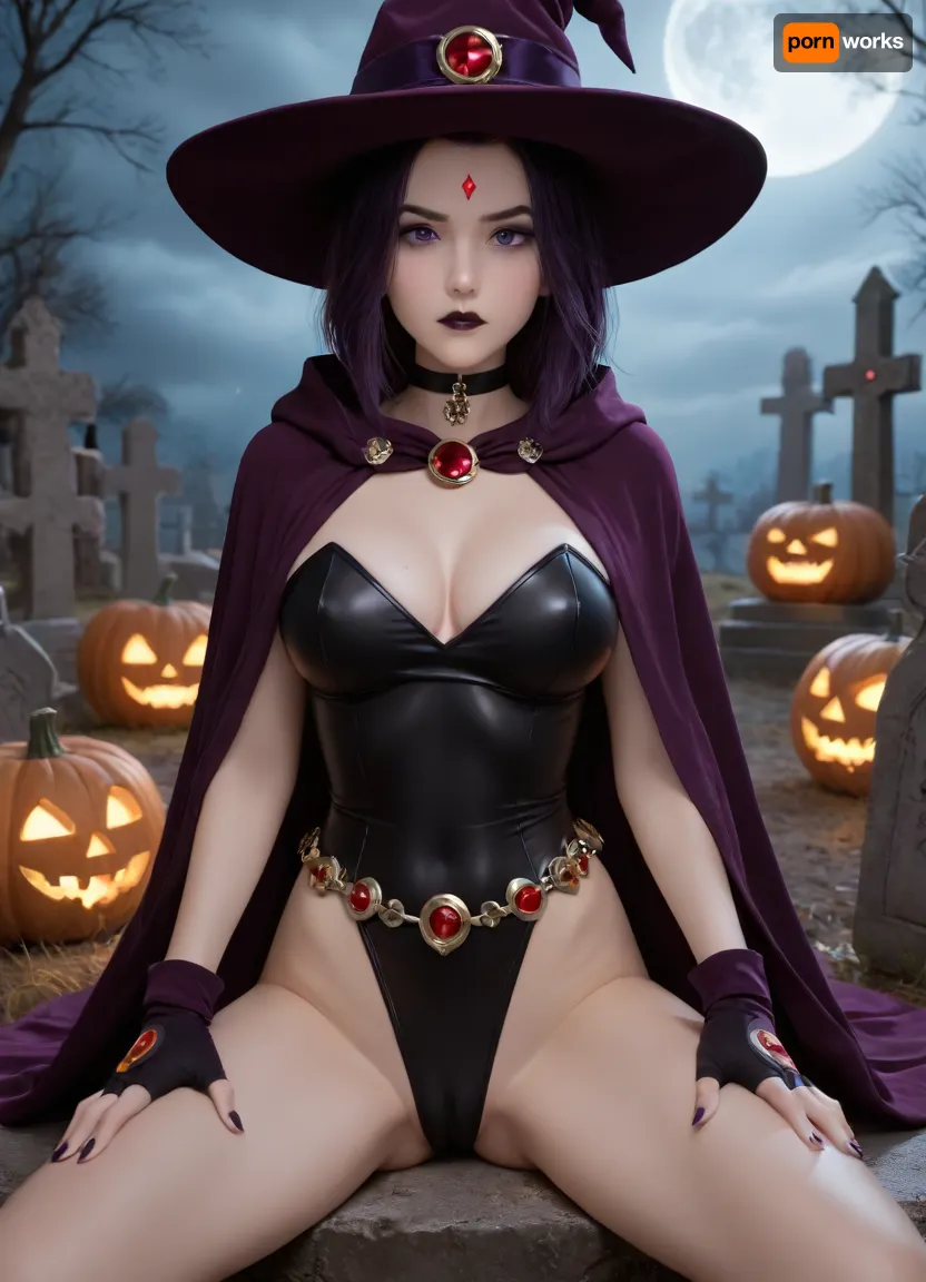 masterpiece, best quality, high resolution, hires, score_9, score_8_up, score_7_up, score_6_up, (DC comics titans raven:1.4), detailed face, light Grey skin, short purple hair, bobcut hairstyle, purple hightlights in hair, purple eyeshadow, black lipstick, dark eyeliner, goth make up, red diamond on forehead, slim body, large busty breasts, full breasts, 1/4 visible vulva, (puffy cameltoe, prominent cameltoe, raised cameltoe), dark purple skin tight leotard, ruby jeweled brooch, purple wool hooded cloak, purple wool witches hat, long conical crown, wide brim hat, glowing red jeweled belt, black leather choker, fingerless jeweled gloves, purple nail polish, slim ass, sitting on ornate gravestone, (irritated, annoyed), hands on thighs, looking at viewer, night time, visible stars, graveyard setting, graveyard is littered with pumpkins, diverse pumpkins, bright moon, moon glow, detailed background, ratatatat74, NEGATIVE_HANDS, sleek cool lighting, sift shadows, bold lines, dynamic lighting, <lora:287175_training_data:1.3>, <lora:ratatatat74-000050:1.3>, <lora:Raven_XL:1.6>, <lora:JustCum:1.4>