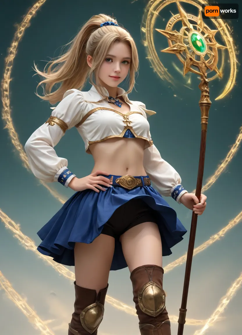 1girl, solo, blonde hair, long hair, high ponytail, blue ribbon, green eyes, smiling, confident expression, fantasy mage outfit, white crop top, gold ornate chest decoration, navel exposed, blue short skirt with gold trim, black shorts under skirt, brown thighhigh boots, white boot cuffs, gold knee guards, small staff on belt, magic circle background, green gradient background, dynamic pose, hand on hip, skirt lift by wind, detailed anime style, vibrant colors, high quality, masterpiece