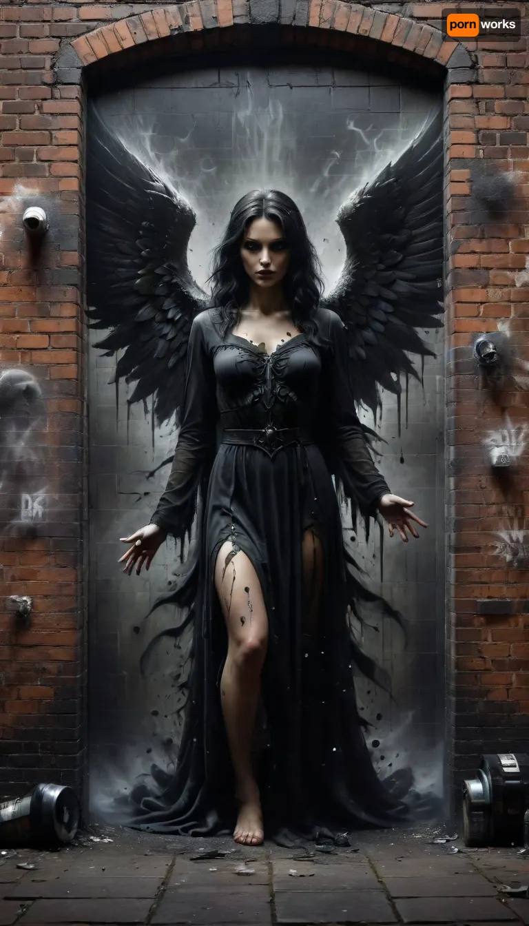 Street Art, Mural, Spray Paint, Tones of Black, High Contrast, Ultra-HD, Angelic, Evil, Powerful, Natural Lighting, Reflective, Polished, Brick, Aerosol, ais-darkpartz, dark, fantasy, <lora:Dark_Particles_Style_SDXL:2>, <lora:dark_fantasy_art:2>