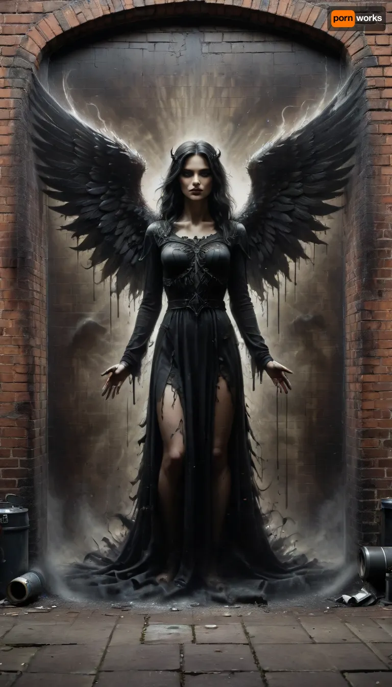 Street Art, Mural, Spray Paint, Tones of Black, High Contrast, Ultra-HD, Angelic, Evil, Powerful, Natural Lighting, Reflective, Polished, Brick, Aerosol, ais-darkpartz, <lora:Dark_Particles_Style_SDXL:2>, dark, fantasy, <lora:dark_fantasy_art:.8>
