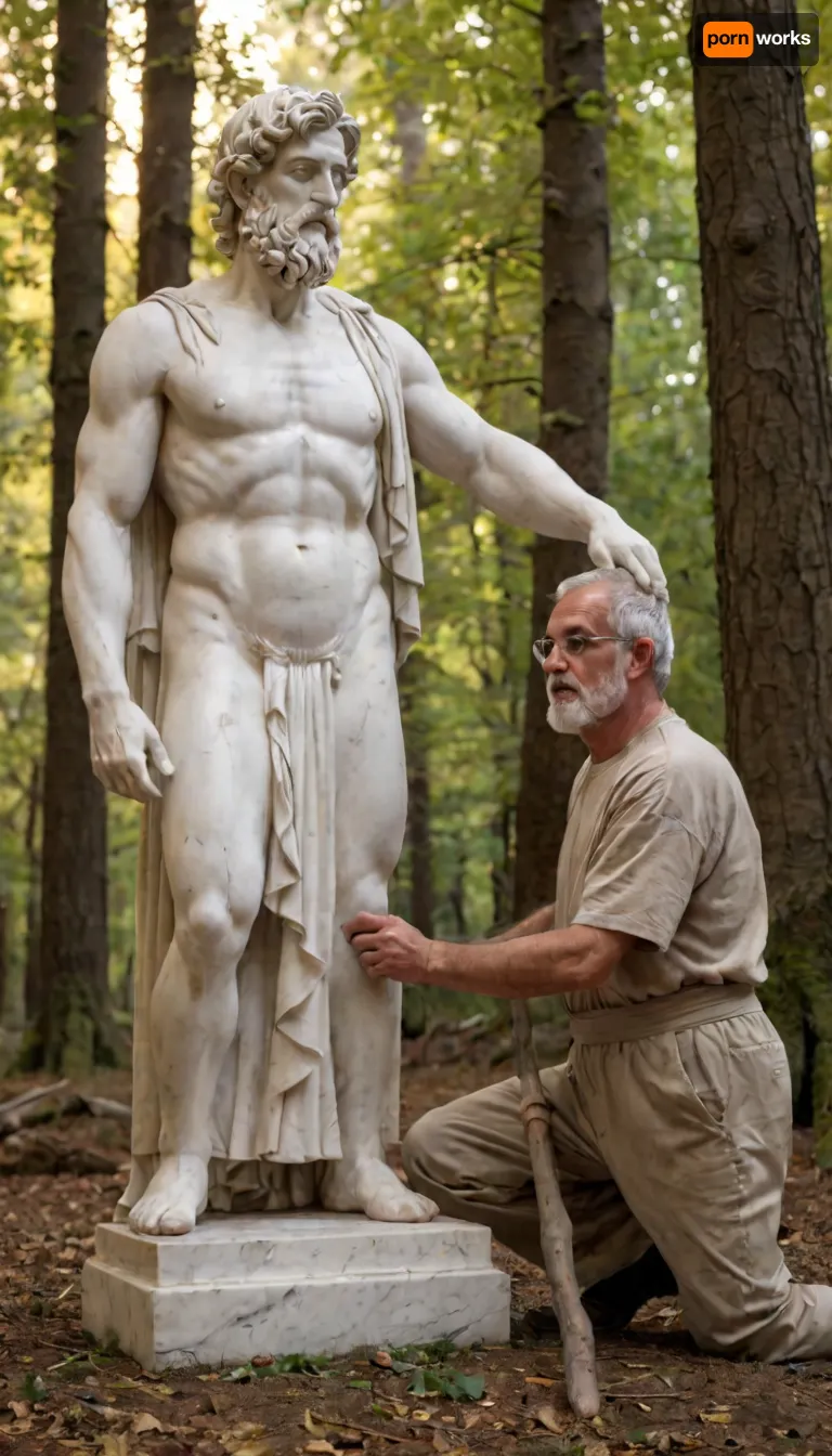 A masterpiece of the highest quality, ultra-detailed in 8K, with a sharp and flawless focus., (A sculptor creates a marble statue in a sacred grove of ancient Greece.), (A man, Phidias, the sculptor:1.2), . Ancient Greece. A sculptor creates a marble statue in the Sacred Grove. The 70-year-old man, stooped, with tired eyes, leaden hair, and a deteriorating body, skillfully chisels the marble statue into shape. The elderly sculptor works with precision, (chiseling a marble statue:1.3), . Sil, veins of quartz that gleam in the center. Marble curves, a sacred olive grove in the background with the golden rays of the sunset filtering through the twisted trunks, mossy ground scattered with fallen petals and an altar of incense, ethereal atmosphere.