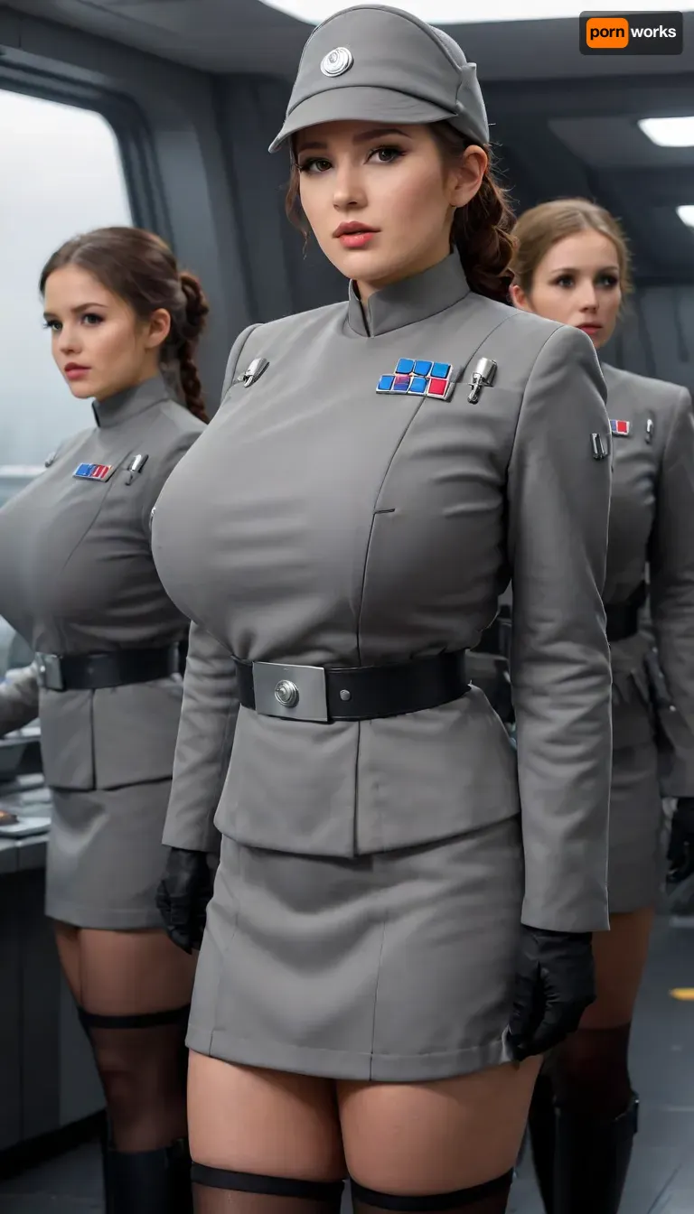 (5girls:1.9), group of women, 4, 5, 6, 7 women, standing side by side, view from side, (wearing a female imperial officer grey uniform with Extremely massive brest bulge, officer cap, Micro mini skirt, stockings:1.5), she has her hair in a bun, super busty hourglass figure, (super massive breasts:1.3), (deep cleavage:1.6), Tight waist, super wide huge hips, Slightly chubby, (hands behind back:1.3), in a sci-fi ship control room, dark interior, (huge window showing star wars ships outside:1.2), large glass window, cinematic, film grain, (cinematic still), 20mm photograph, film, 4k, highly detailed, (atmosphere), (haze), soft ambient lighting, huge, breasts, massive, Imperial, officer, wearing, a, (color), uniform, TIE, fighter, <lora:bboobs-000005:2>, <lora:SDXL_MassiveCowsLoRA_v1:1.2>, <lora:Imperial Officer:.2>, <lora:TIE fighter:.6>