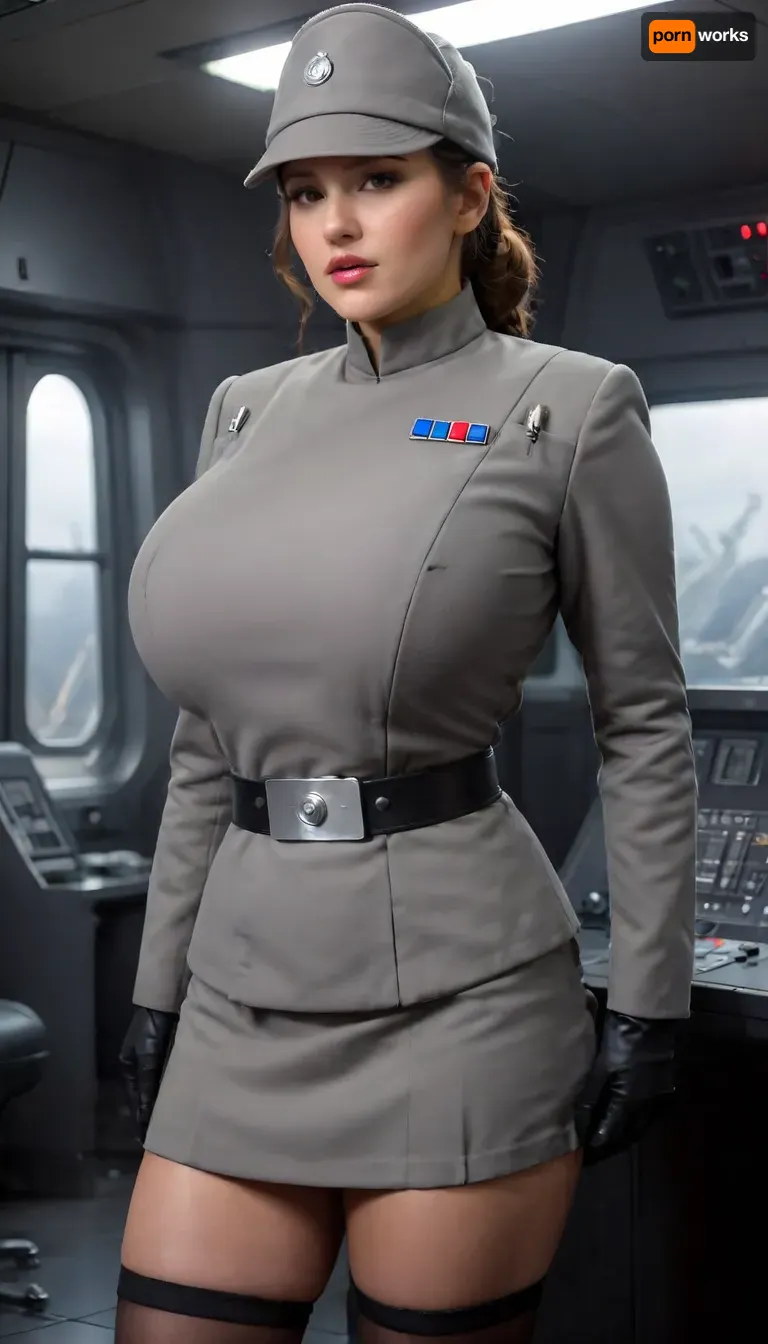 (5girls:1.9), (group of women:1.9), (4, 5, 6, 7 women:1.5), several women officers, standing side by side, view from side, (wearing a female imperial officer grey uniform with Extremely massive breast bulge, officer cap, Micro mini skirt, stockings:1.5), she has her hair in a bun, super busty hourglass figure, (super massive breasts:1.3), (deep cleavage:1.6), Tight waist, super wide huge hips, Slightly chubby, (hands behind back:1.3), in a sci-fi ship control room, dark interior, (huge window showing star wars ships outside:1.2), large glass window, cinematic, film grain, (cinematic still), 20mm photograph, film, 4k, highly detailed, (atmosphere), (haze), soft ambient lighting, huge, breasts, massive, Imperial, officer, wearing, a, (color), uniform, TIE, fighter, <lora:bboobs-000005:2>, <lora:SDXL_MassiveCowsLoRA_v1:1.2>, <lora:Imperial Officer:.2>, <lora:TIE fighter:.6>