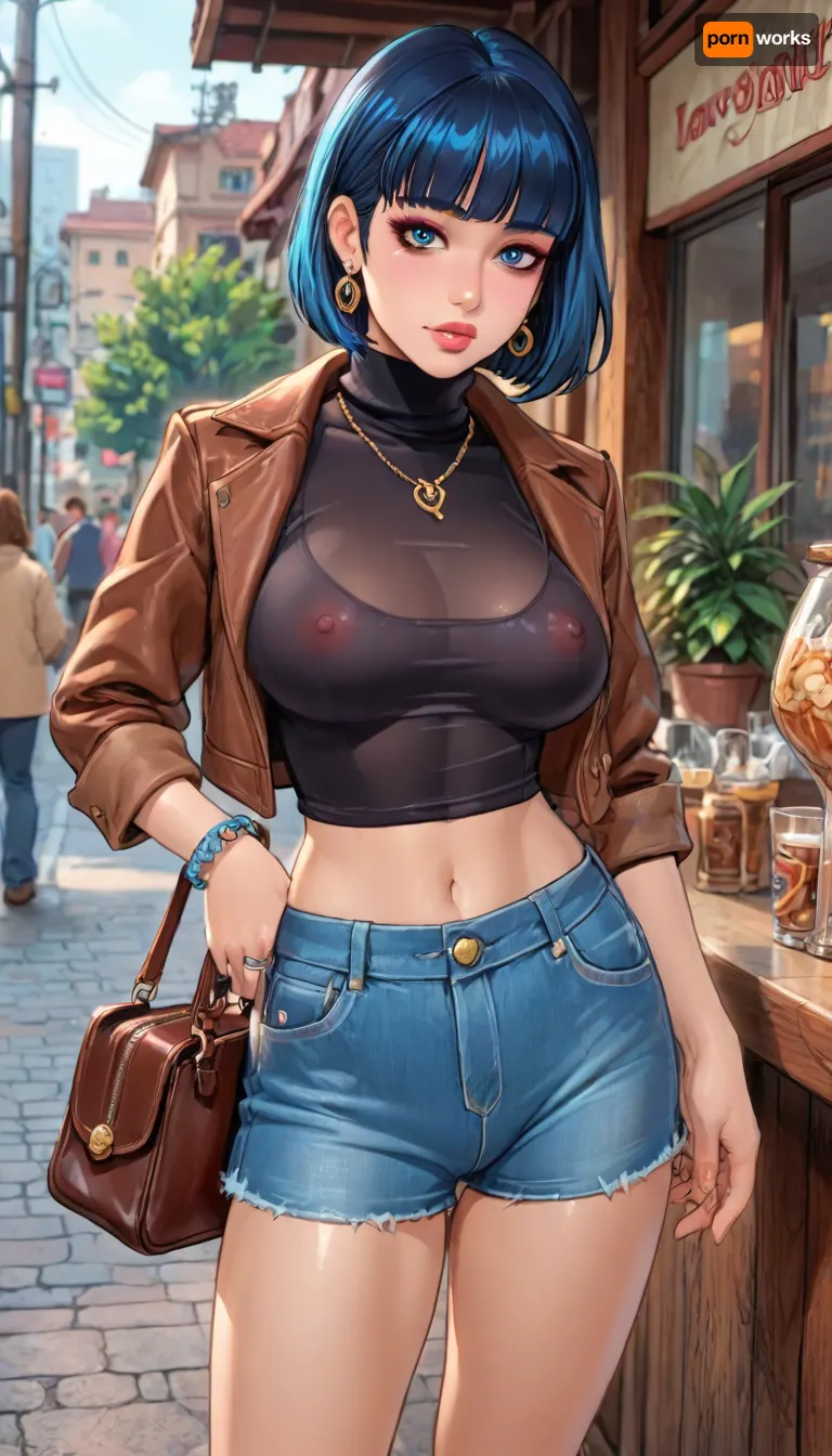 (reiq style:1), Blue Hair full bangs Bob cut, ((professional strong makeup)), ((detailed see through)), big breasts, (Brown leather Jacket), ((see through:1.5), black turtleneck sweater), (open:1), Low Rise Denim Shorts Sexy Cut Off Mini Hot Pants, (small purse), earrings, rings, necklace, bracelet, ((midriff)), perfect Ass, ((dynamic seductive pose)), seductive, ((in Public outdoor)), cafe setting, from front, ((exposing small blue pubic hair, small pussy)), pulled down shorts

Melkor Mancin artstyle, score_9, score_8_up, score_7_up, <lora:LCMTurboMix_Euler_A_fix:.6>, <lora:cartoon_stickers_xl_v1:.8>, <lora:ratatatat74-000050:1.3>, <lora:detailed_notrigger:2>, <lora:add-detail-xl:2>
