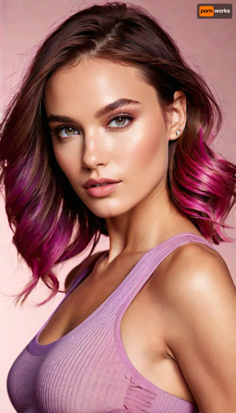 Create a ultra high-definition full-body portrait of a strikingly beautiful woman with an alluring, confident expression. FACIAL FEATURES & EXPRESSION, Sharp, chiseled facial structure with perfectly sculpted cheekbones and a defined jawline. Large, luminous eyes with a seductive, confident gaze directly toward the viewer. Perfectly shaped arched eyebrows. Full, luscious lips with a subtle, confident smirk. Flawless, porcelain-like skin with a soft, radiant complexion and subtle highlights on cheekbones and nose. HAIR, Shoulder-length to mid-back length flowing hair in a vibrant gradient of pink and purple tones, blending from hot pink roots to deep purple ends. Voluminous waves with lustrous shine. Half of the hair swept over one shoulder, creating an elegant frame around the face, while the other side flows freely down the back.

MAKEUP, Expertly applied makeup featuring smoky eye shadow in complementary purple and pink tones, subtly matched to the hair color. Defined winged eyeliner. Well-blended contouring enhancing facial structure. Natural yet glamorous lip color.

BODY & POSE, Seated position with one arm raised behind the head in a relaxed, confident pose. The other arm rests casually. Lean, toned physique clearly visible. Positioned at a three-quarter angle showing depth and dimension.

CLOTHING, Fitted, minimalist grey ribbed crop top or sports bra that hugs the body perfectly, showing defined waist and midriff. Grey ribbed or fitted shorts/bottom matching the top, sitting at natural hip height. Minimal, sleek jewelry, a delicate bracelet visible on one wrist.

CAMERA & PERSPECTIVE, Shot from mid-torso up to just above the head, professional studio-style composition. Slight angle from above to accentuate facial features and body contours. Shallow depth of field with sharp focus on the subject, subtle soft background blur.

LIGHTING, Dramatic, modern neon-inspired lighting setup. Soft, cool-toned purple and pink accent lighting illuminating the face from the front and sides, creating a ethereal glow. Rim lighting around the hair creating a luminous halo effect. Subtle warm accent lighting catching the skin and clothing, emphasizing texture and dimension. Volumetric lighting with atmospheric effects. High-end professional photography lighting.

BACKGROUND & SETTING, Modern, minimalist interior setting with sleek architectural elements. Soft, blurred bokeh lights in purple and pink tones creating depth. Contemporary urban environment with subtle geometric shapes. Clean, sophisticated aesthetic. Bright, well-lit atmosphere with tech-forward ambiance.

OVERALL STYLE, High-fashion editorial photography. Celebrity-quality portrait. Cinematic lighting. Professional commercial photography standards. Ultra-realistic, highly detailed, photorealistic rendering. 8K quality.