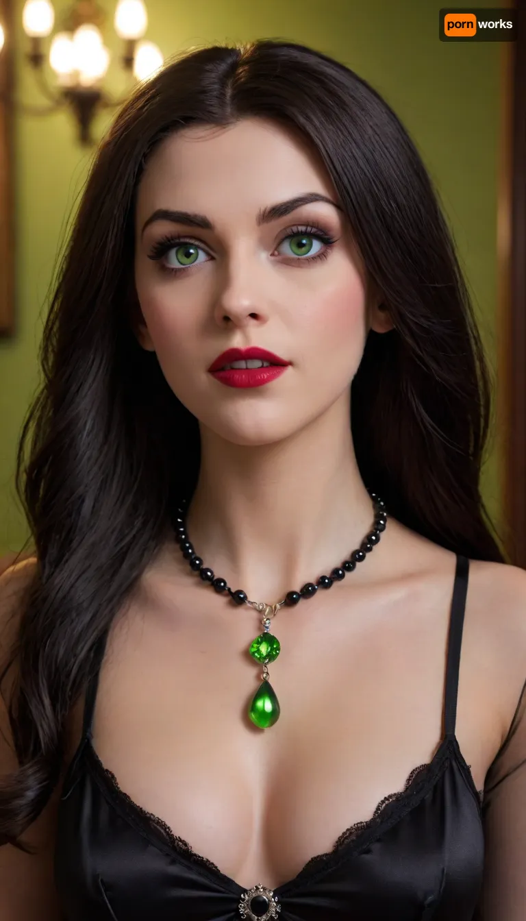 Mavis Dracula from Hotel Transylvania, 18 years old girl, very long hair, bright green eyes, medium breasts, with black stockings, wearing black pearl necklace