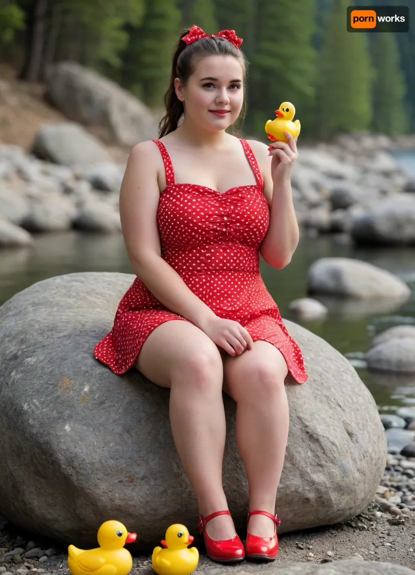 A chubby young woman with a ponytail wearing a red polka dot minidress and red shoes. She is sitting on a rock, holding a rubber duck in her hand and looking at the camera., <lora:Chubby BBW - XL:2>