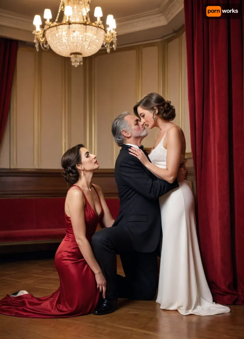 A mature woman in a gala dress kneels in front of a mature man in a tuxedo, the man leans his shoulder against the wall, blowjob, in a corner of the dance hall, red curtains.