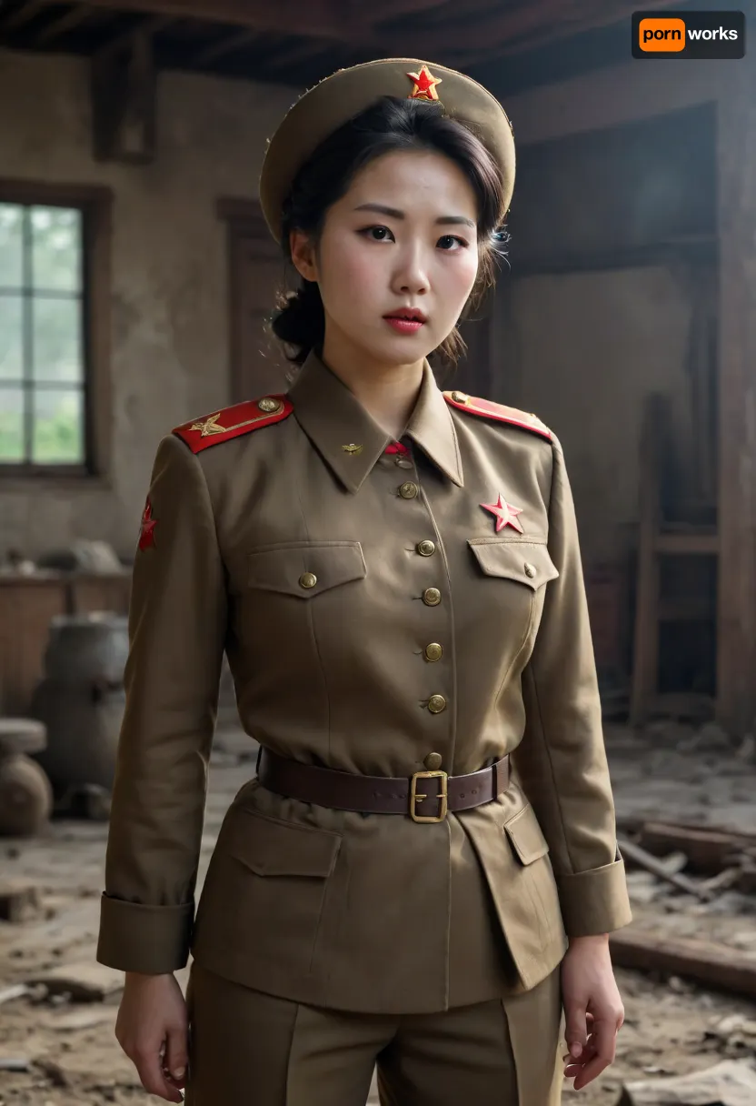 North Korean woman, north korean communist army attire, exposed pussy, torn and ripped clothing