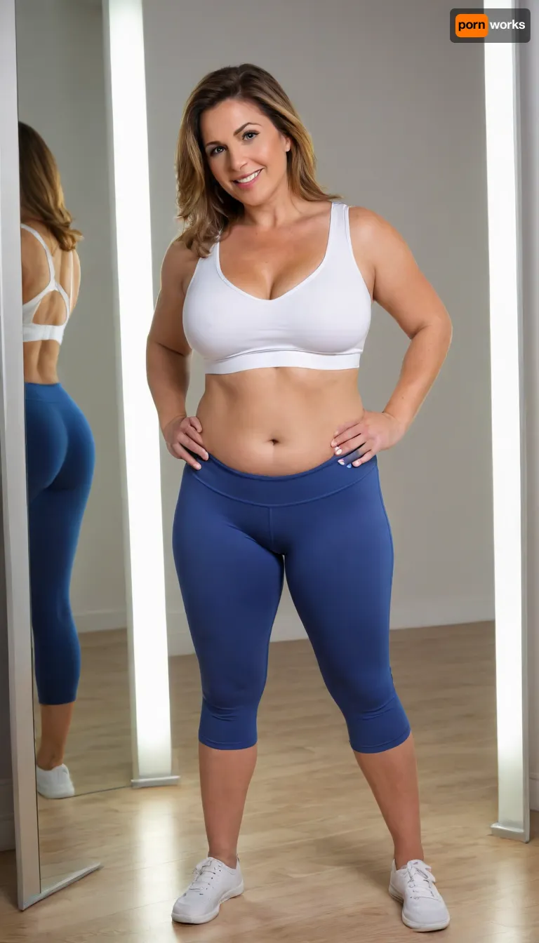 (MILF:1.3), (overweight:1.3), Photorealistic image of a 55-year-old mature housewife with a voluptuous, curvy figure ..., (complete description of the motif implied), . She is wearing bright white and blue gym pants and a matching crop top. The gym pants are very form-fitting and emphasize her thick, powerful thighs and extremely fat ass, while the crop top highlights her full waist and a supportive inner structure discreetly accentuates her voluptuous cleavage. She stands in an athletic pose and looks at her figure in the three-way mirror with a satisfied smile. Her expression is lively and confident, her amber eyes radiating self-assurance. Studio lighting, (cameltoe), mons pubis