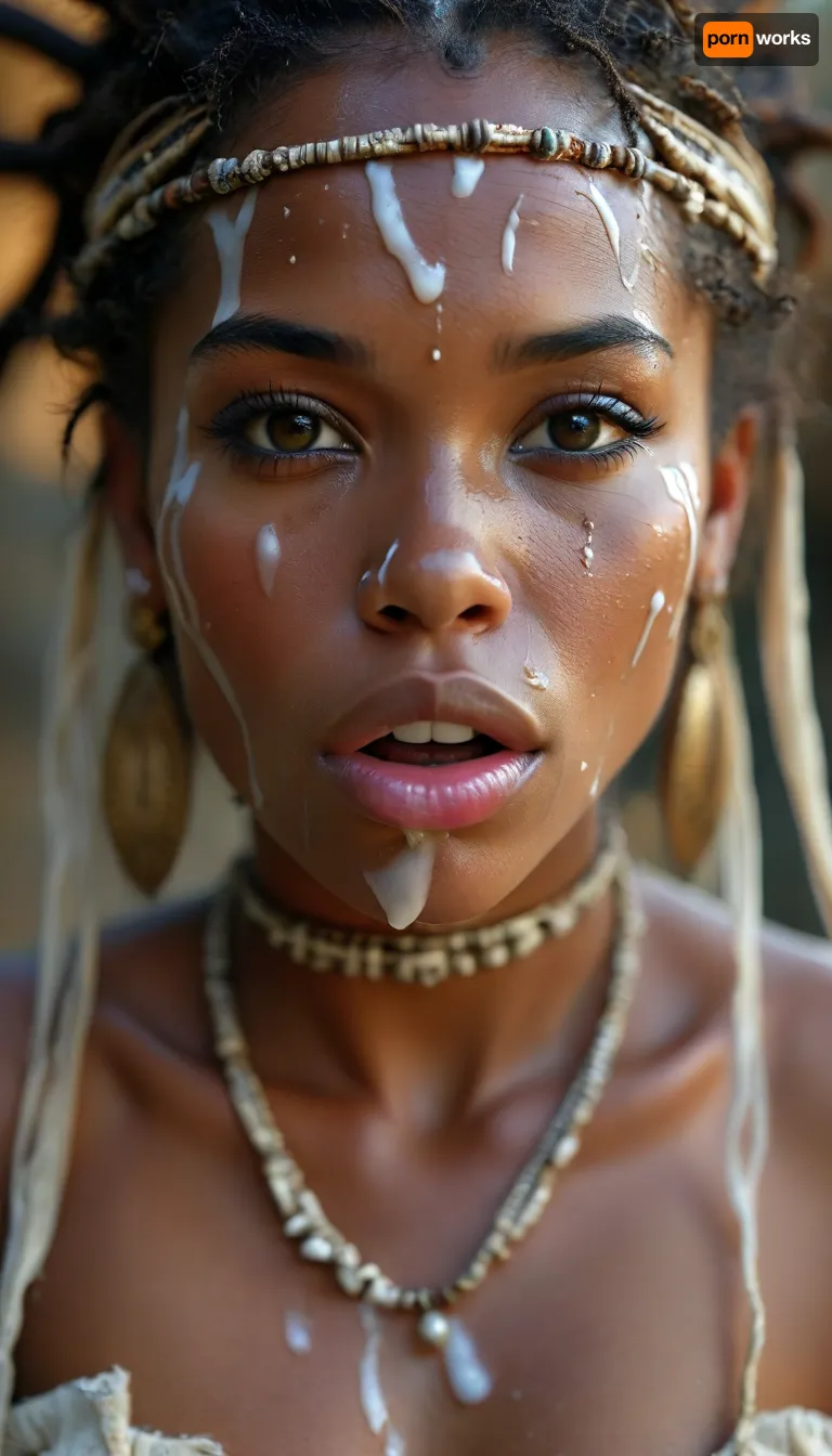 Portrait face and chest of 30 year old female ancient africa tribal queen, covered in thick white realistic cum, beautiful face, sexy face, sexy expression, orgasm, orgasm face, Mouth half open, tongue on lip, eyes half closedwoman, cum, on, face, <lora:MJ52:.3>, <lora:BUT_SDXL_SHS:1.3>, <lora:add-detail-xl:.7>, <lora:CinematicStyle_v1:2>, <lora:JustCum:1.5>