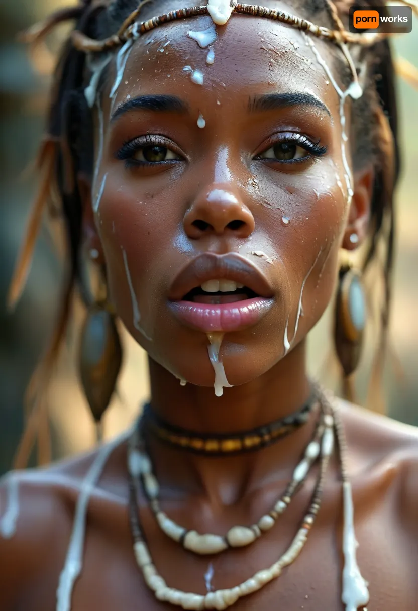 30 year old female ancient africa tribal queen, covered in thick white realistic cum, sexy expression, orgasm, orgasm face, Mouth half open, tongue on lip, eyes half closedwoman, cum, on, face, <lora:MJ52:.3>, <lora:BUT_SDXL_SHS:1.3>, <lora:add-detail-xl:.7>, <lora:CinematicStyle_v1:2>, <lora:JustCum:1.5>