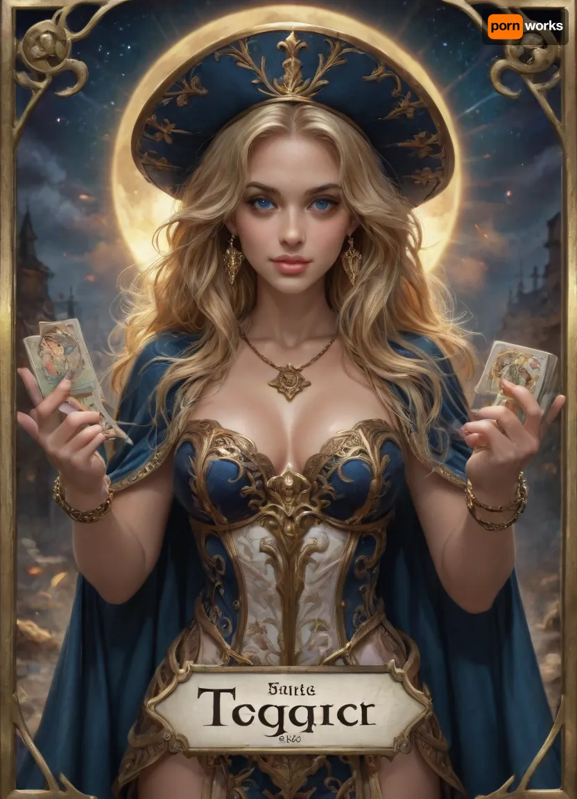 Tarot legendary card. Detailed decorated golden frame., (Five golden star rating), .
A tall slender very beautiful witch in black laces transparent dress, cleavage, very long blonde hair, slutty smile, small witch hat, High detail, excellent image quality, big meaningful blue eyes, long fake eyelashes, very big lips glossy red, color eyeliners, ultra heavy makeup, night, moonlight, black cat, Halloween pumpkin lantern, (tarot cards:1.9), candles, open red cloak, sapphire necklace, golden bracelets, reiq style, <lora:detailed_notrigger:.7>