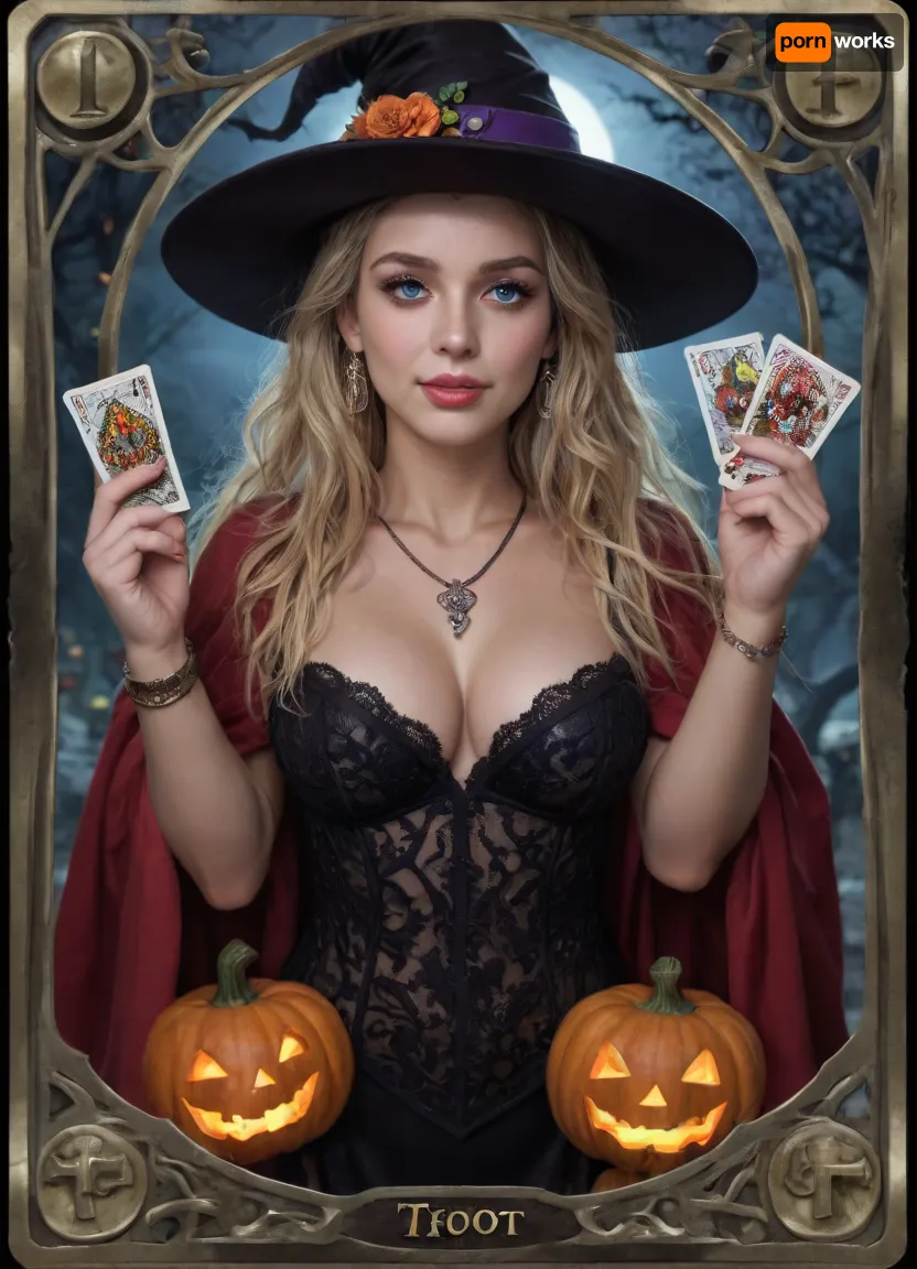 Tarot legendary card Blonde Witch. Detailed decorated golden frame, A tall slender very beautiful witch in black laces transparent dress, cleavage, very long blonde hair, slutty smile, small witch hat, High detail, excellent image quality, big meaningful blue eyes, long fake eyelashes, very big lips glossy red, color eyeliners, ultra heavy makeup, night, moonlight, bats, Halloween pumpkin lantern, (tarot card:1.9), candles, open red cloak, sapphire necklace, golden bracelets, <lora:detailed_notrigger:.7>