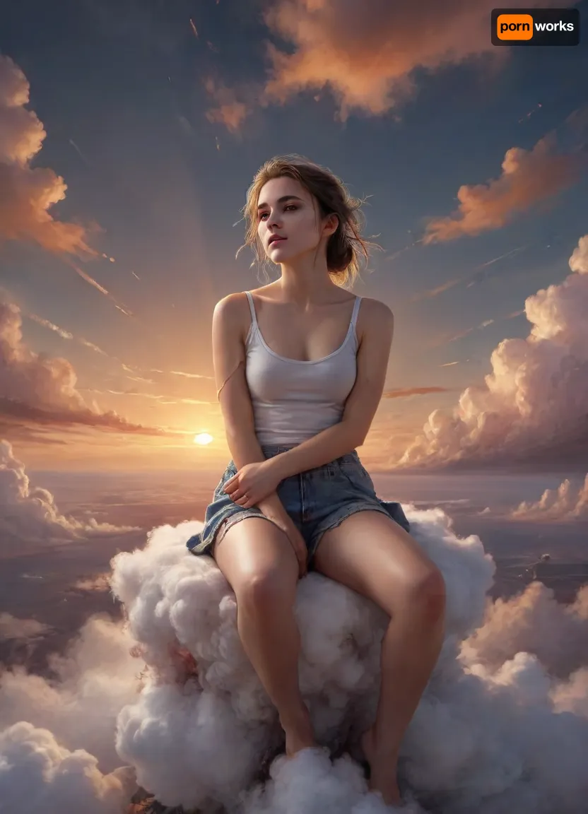 Art by WLOP, Cushart, Carne Griffiths, a young woman sitting on a cloud, dreamy atmospheric lighting, ethereal, serene, captivating composition, beautiful color palette, rough brushstrokes, sunset, above the clouds, dark, theme, <lora:nLora_XL:.8>, <lora:NaturalBodyV2.0:1.5>, <lora:Hegre-Nude_woman-000001:.8>