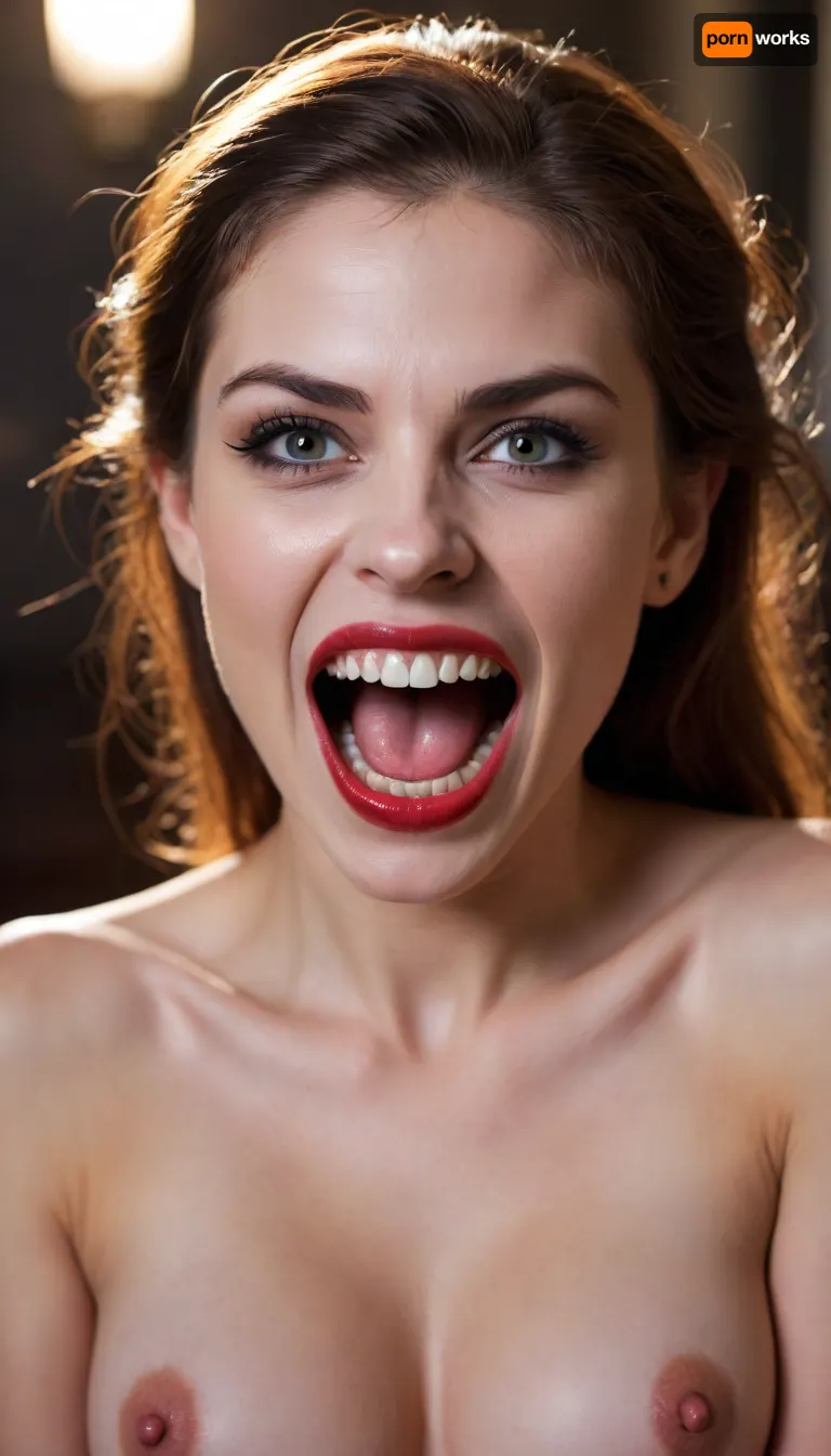 Nude vampire woman, White teeth, big vampire fangs