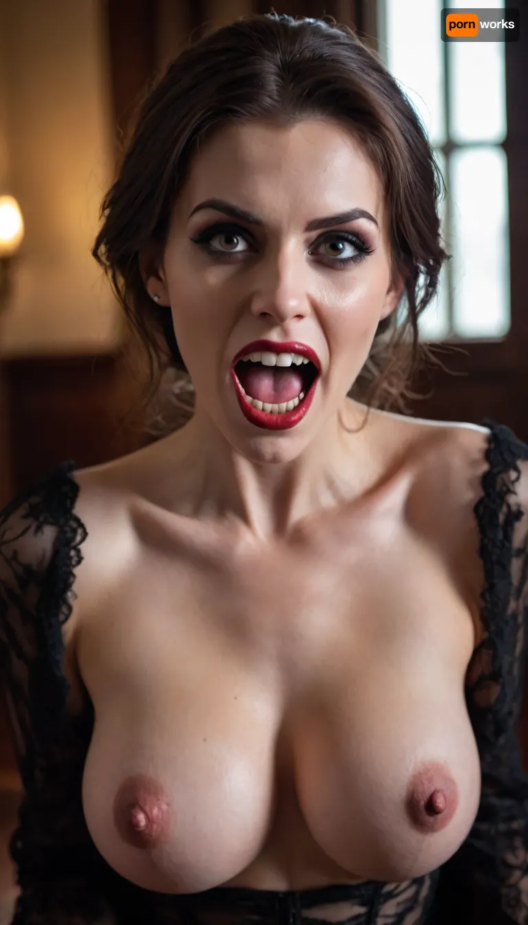 Nude vampire woman, White teeth, big vampire fangs, open blouse, fake tits, <lora:Mistress_of_the_night-000016:.8>