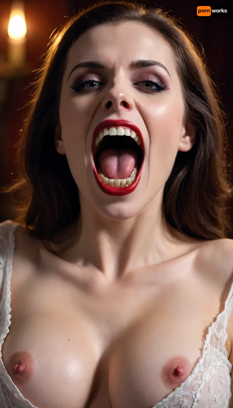 Nude vampire woman, White teeth, big vampire fangs, open blouse, fake tits, <lora:Mistress_of_the_night-000016:1.4>