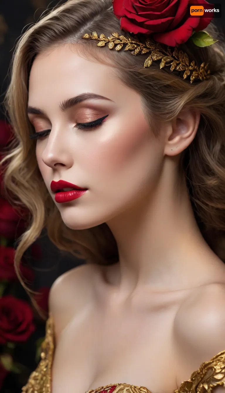 A mesmerizing close-up of an elegant woman with intricate golden designs adorning her face, creating a luxurious and ethereal look. Her eyes are closed, framed by long, delicate eyelashes, and her lips are painted a bold red with hints of gold shimmer. She gently holds a vibrant red rose, its petals tinged with a metallic gold sheen, as if in deep admiration of its beauty. Her hair flows gracefully in soft shades, complementing the dark, dramatic background, while the composition exudes a sense of romance, mystery, and opulence