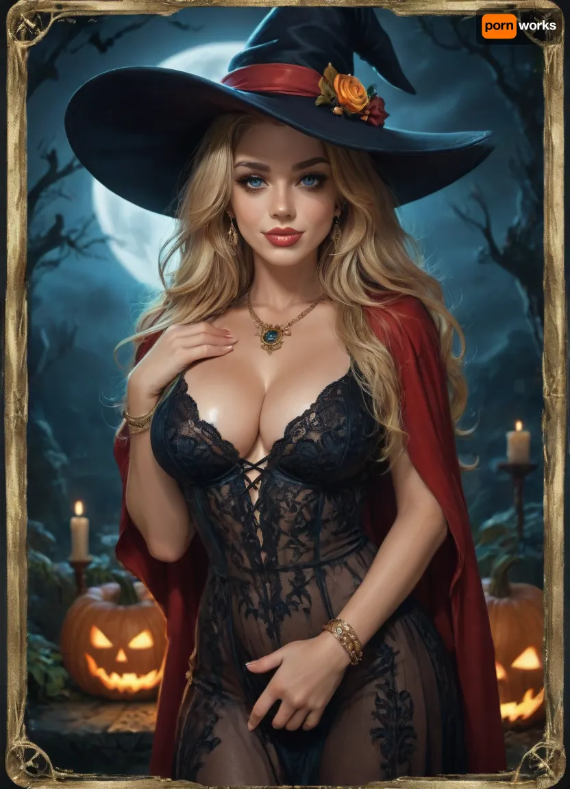 Tarot arcane legendary card Blonde Witch. Detailed decorated golden frame, A tall slender very beautiful witch in black laces transparent dress, cleavage, very long blonde hair, slutty smile, small witch hat, High detail, excellent image quality, big meaningful blue eyes, long fake eyelashes, very big lips glossy red, color eyeliners, ultra heavy makeup, night, moonlight, bats, Halloween pumpkin lantern, candles, open red cloak, sapphire necklace, golden bracelets, reiq style, <lora:detailed_notrigger:.7>, <lora:edrtcard:2>