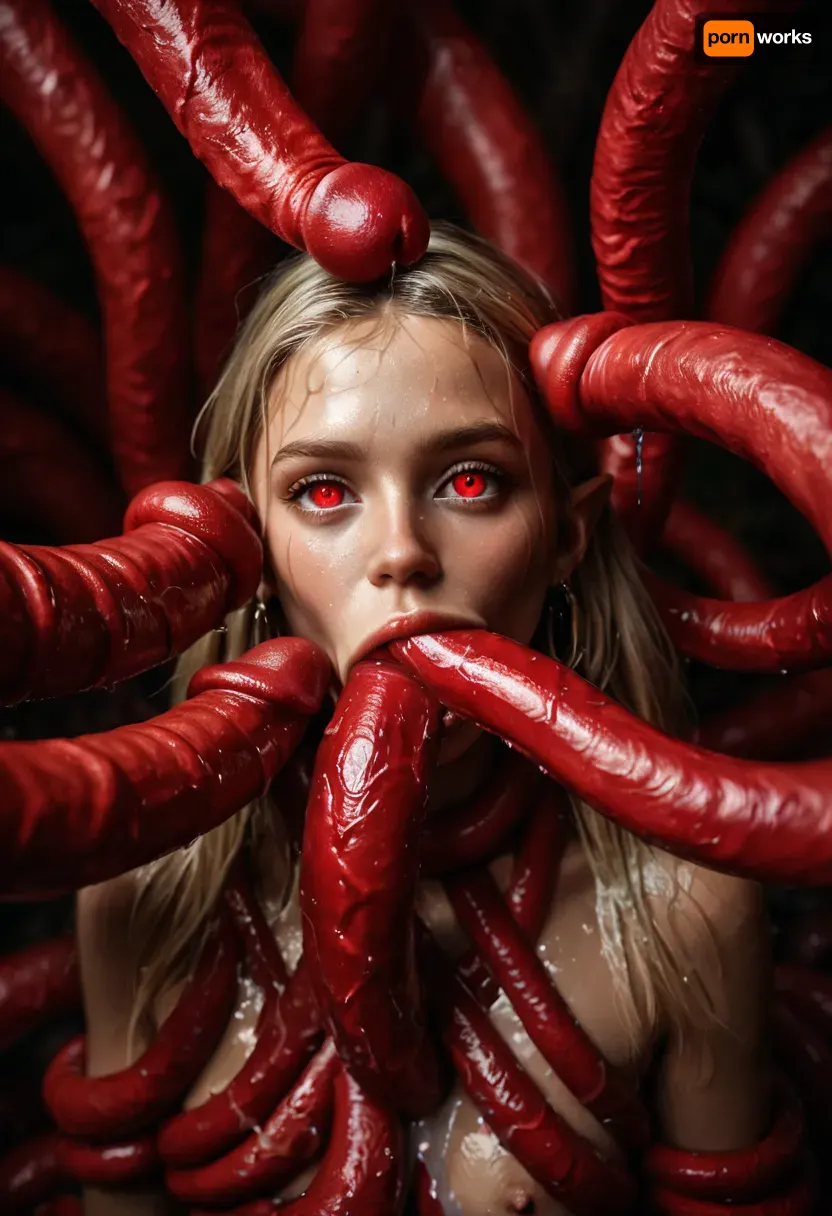 (maximum details:1.5), extreme closeup on tentacles entering a girl's mouth and keep moving inside her, keep on moving, further and further inside the girl, very cute obedient 18 yo petite blonde girl, in dark thick woods at night, ((bright red seamless tentacles with pointy ends gang bang the girl:1.4)), ((oral penetration:1.4)), thick saliva threads, blonde wet hair, extra cute, extremely pretty, cute round face and gorgeous face structure, gorgeous model face, ((wet hair)), (cinematic masterpiece), naughty aesthetic, insatiable beauty, <lora:dark:.8>