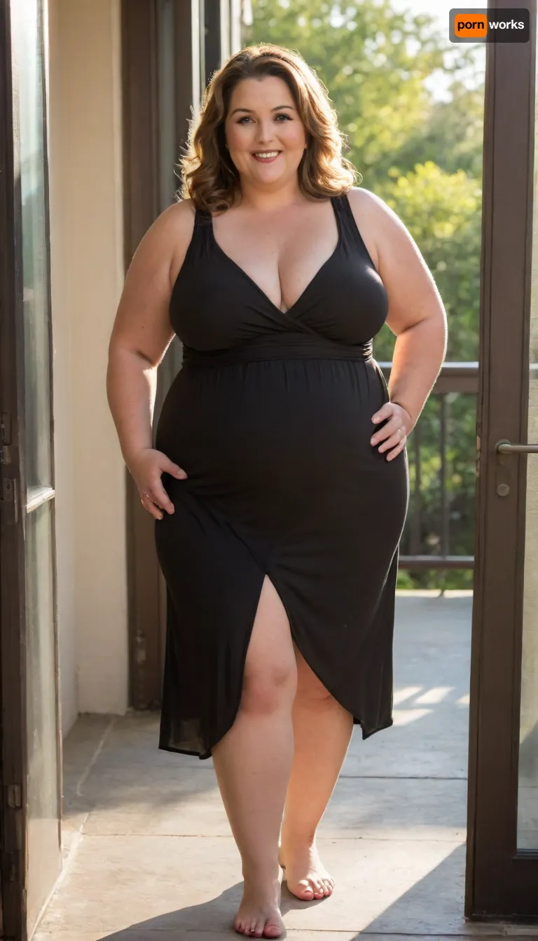 (mature:1.5), (obese:1.5), Lu stands in the doorway leading inside, one hand on the frame, the other on her hip. Her large belly and hips are softly outlined by the black sheer dress, glowing in the sunlight. She glances back with a bold, flirtatious smile. Full-body shot from behind, viewer seated on the patio. Natural golden hour light, photorealistic, ultra-detailed.