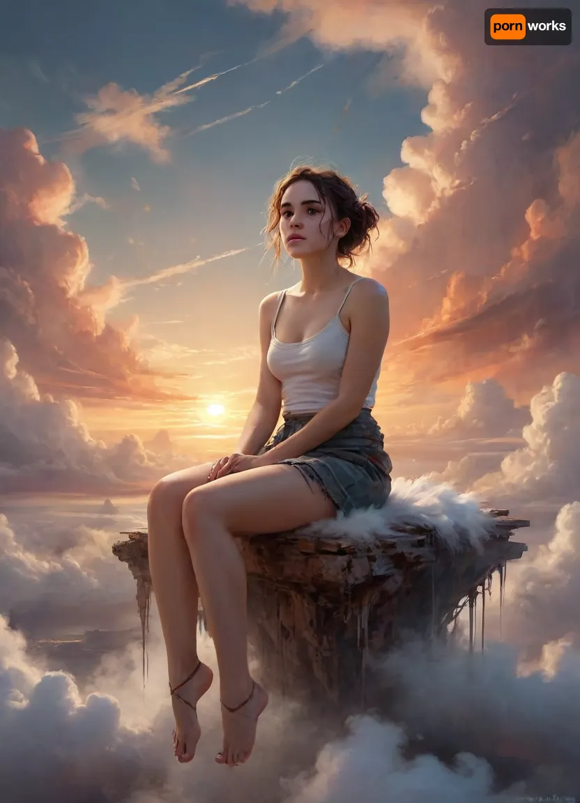 Art by WLOP, Cushart, Carne Griffiths, a young woman sitting on a cloud, dreamy atmospheric lighting, ethereal, serene, captivating composition, beautiful color palette, rough brushstrokes, sunset, above the clouds, dark, theme, <lora:nLora_XL:.8>, <lora:NaturalBodyV2.0:1.5>