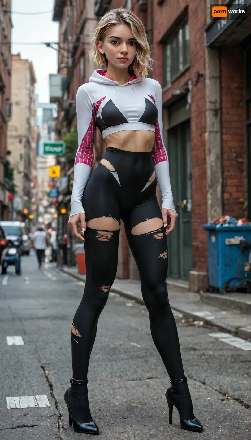 Super realistic 8k style, score_9, score_8_up, score_7_up, FILM PHOTOGRAPHY STYLE, gwen stacy from into the spider verse, spider gwen outfit, spider gwen costume, high heels, big boobs, slender legs, narrow calves and thigh-highs, torn clothes, full body view, <lora:detailed_notrigger:2>, <lora:LCMTurboMix_Euler_A_fix:.8>, <lora:677862_training_data:.8>, (crop, top:1), <lora:add-detail-xl:.8>