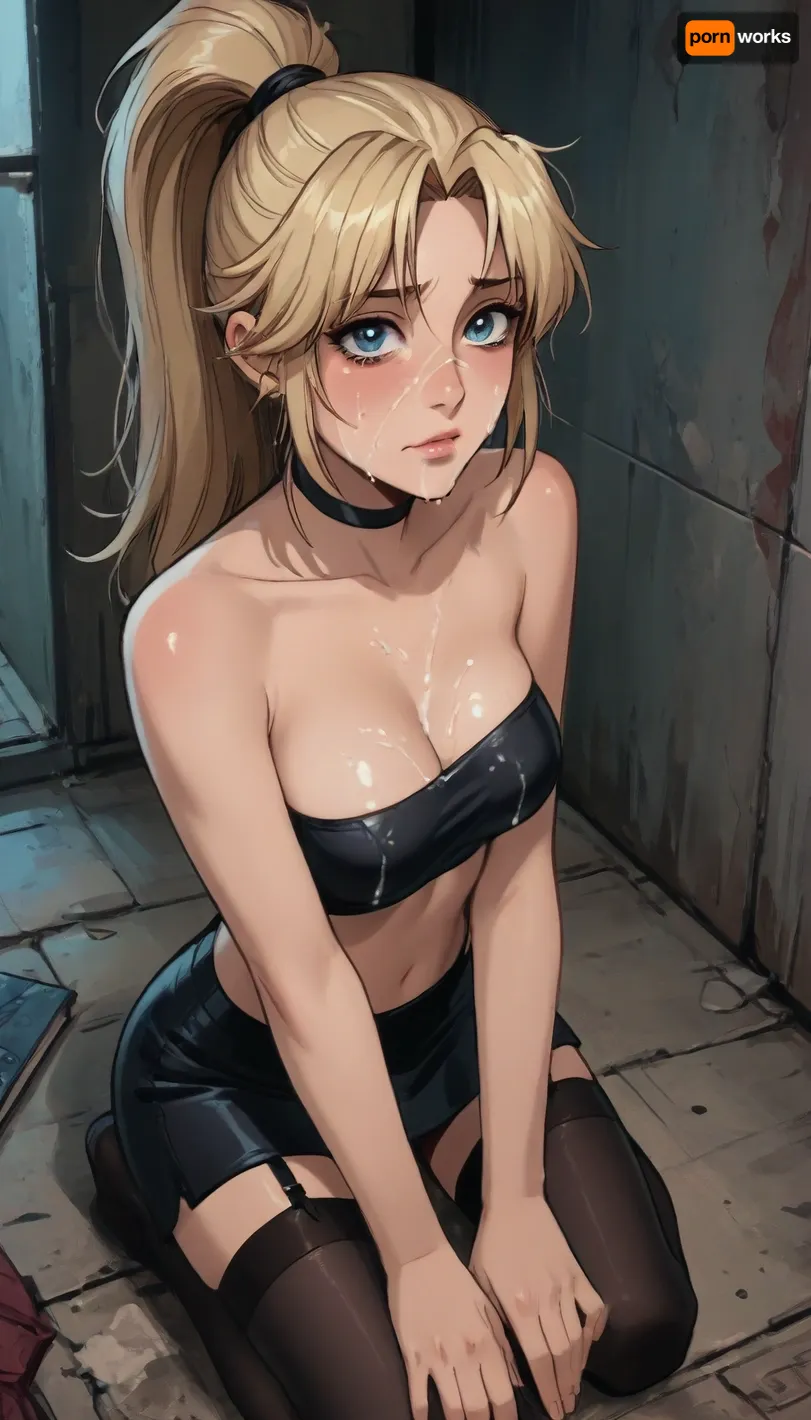 Score_9, score_8_up, score_7_up, reiq meets markgavatino art style, 22 year old, black stockings with garters, black choker, leather micro skirt, tube-top, ((woman, kneeling on floor)), ((long_straight_blonde_hair in a high ponytail)), on knees, looking up at you, (((teary eyes))), ((cum on face, cum on breasts)), cute, doodle, ratatatat74, <lora:cutedoodle_XL-000012:.8>, <lora:ratatatat74-000050:.8>, <lora:NEOTOKIOXL_0.2_RC:.8>, <lora:outline_xl_kohaku_delta_spv5x:.8>