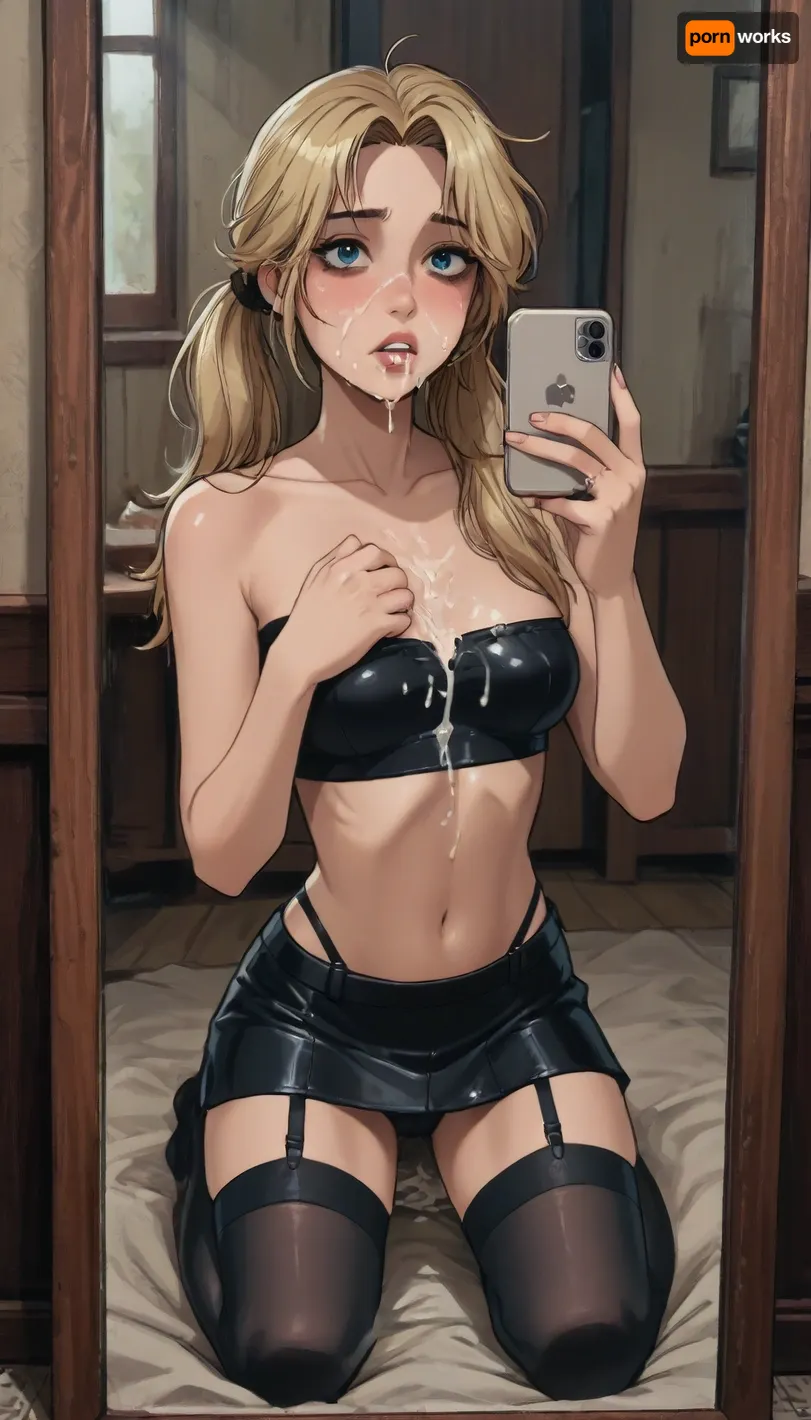 Score_9, score_8_up, score_7_up, reiq meets markgavatino art style, 20 year old party girl, slutty, ruined smudged makeup, messy blonde long hair ponytails, medium chest, puffy nipples, cameltoe, pawg, kneeling, taking a selfie, full length mirror, black leather tube-top, leather micro skirt, black stockings with garters, garters, ((exhausted)), (cum on face, cum on breasts, cum leaking from mouth), covered in cum, detailed background, cute, doodle, ratatatat74, <lora:cutedoodle_XL-000012:.8>, <lora:ratatatat74-000050:.8>, <lora:NEOTOKIOXL_0.2_RC:.8>, <lora:outline_xl_kohaku_delta_spv5x:.8>