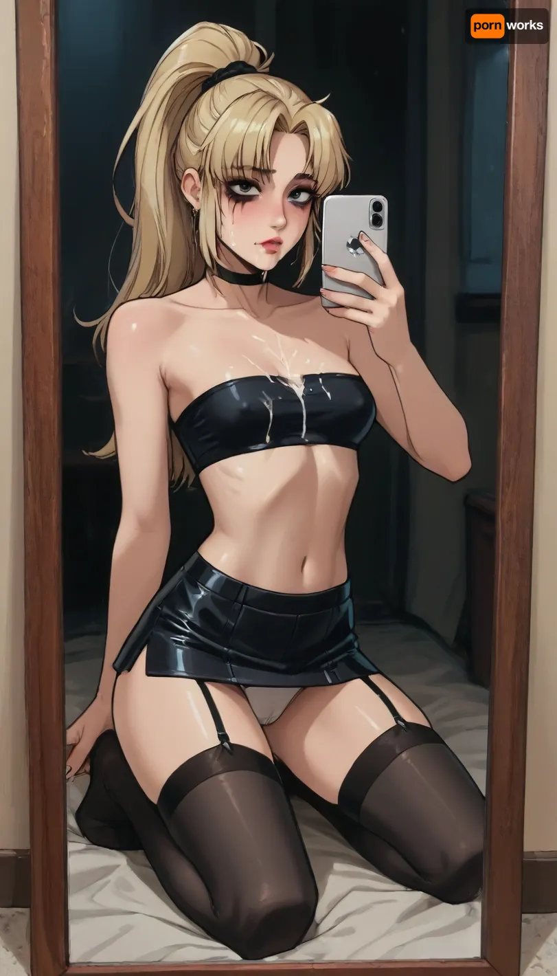 Score_9, score_8_up, score_7_up, reiq meets markgavatino art style, 20 year old party girl, (white wet panties), athletic body, slutty, black choker, (ruined smudged makeup:1.4), ((long_straight_blonde_hair in a high ponytail)), medium chest, puffy nipples, cameltoe, pawg, kneeling, ((taking a selfie)), full length mirror, (black leather tube-top), leather micro skirt, black stockings with garters, garters, ((exhausted)), (cum on face, cum on breasts, cum leaking from mouth), covered in cum, detailed background, cute, doodle, ratatatat74, <lora:cutedoodle_XL-000012:.8>, <lora:ratatatat74-000050:.8>, <lora:NEOTOKIOXL_0.2_RC:.8>, <lora:outline_xl_kohaku_delta_spv5x:.8>