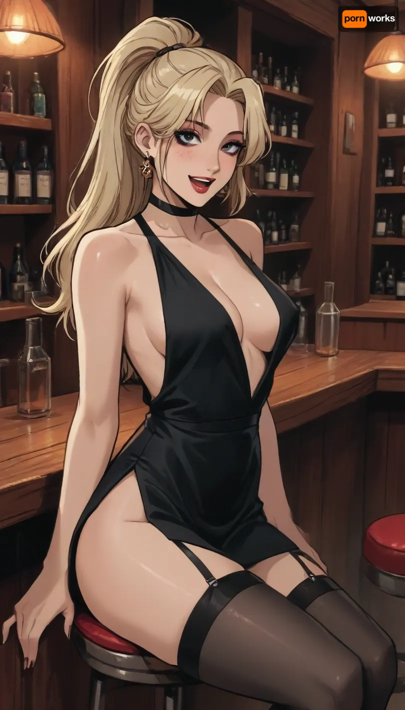 score_9, score_8, reiq meets markgavatino style, 1girl, breasts, dress, ((long_straight_blonde_hair in a high ponytail)), black choker, solo, side_slit, cleavage, large_breasts, open_mouth, happy_face, (makeup:1.5), erected nipples, earrings, bar_, (place), black_dress, smile, stool, bar_stool, plunging_neckline, long_hair, thighs, freckles, ((black stockings with garters:1.4)), garters, indoors, makeup, cute, doodle, ratatatat74, <lora:cutedoodle_XL-000012:.7>, <lora:ratatatat74-000050:.6>, <lora:NEOTOKIOXL_0.2_RC:.6>, <lora:outline_xl_kohaku_delta_spv5x:.6>