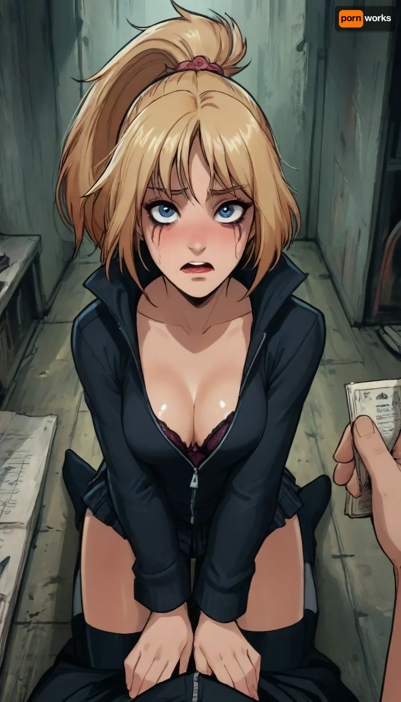 (reiq meets markgavatino artstyle:1.6), 25 year old, woman, wearing skirt, thigh_high_socks, view from above, black hoodie sweatshirt unzipped all the way, showing bra with bulging cleavage, blonde_ponytail, blue_eyes, looking at viewer, embarrassed, scared, in office, (on knees beneath you, looking up at you, crying, tears, ruined makeup), male pov, deep perspective, doodle, ratatatat74, <lora:cutedoodle_XL-000012:2>, <lora:ratatatat74-000050:2>, <lora:NEOTOKIOXL_0.2_RC:2>, <lora:outline_xl_kohaku_delta_spv5x:2>