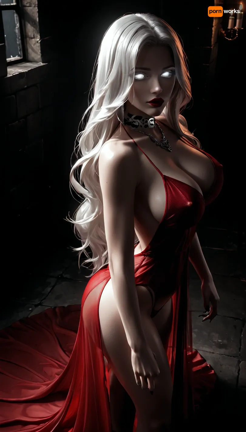 (Solo), (upper-body shot:1.5), (from behind), (from above), (a dark dungeon:1.5), (red open-toe high heels), (see-through red dress:1.5), (long dress:1.3), (red thong panties), (nude:1.5), (eyes open:1.5), BREAK attractive woman, well shaped arched eyebrows, very pale white skin, (very long white hair), firm ass, large ass, masterpiece ass, large breasts, huge breasts, slim waist, slender legs, 5'4" tall, jet black lips, lip gloss, very glossy lips, luscious lips, big lips, beautiful face, detailed eyes, ((glowing solid white eyes:1.8)), white eyes, (((no pupils))), white hairy pussy, godpussy, god pussy, pouting, gothic aesthetic, black skull choker necklace, naked, black skull earnings, barefoot, perfect feet, perfect tore, black toenail polish, dark, drkfntasy, large, breasts, big, boobs, huge, tits, NSFW, one image, <lora:dark:.5>, <lora:darkfantasystyle:1.2>, <lora:bombshell_v2:1.5>