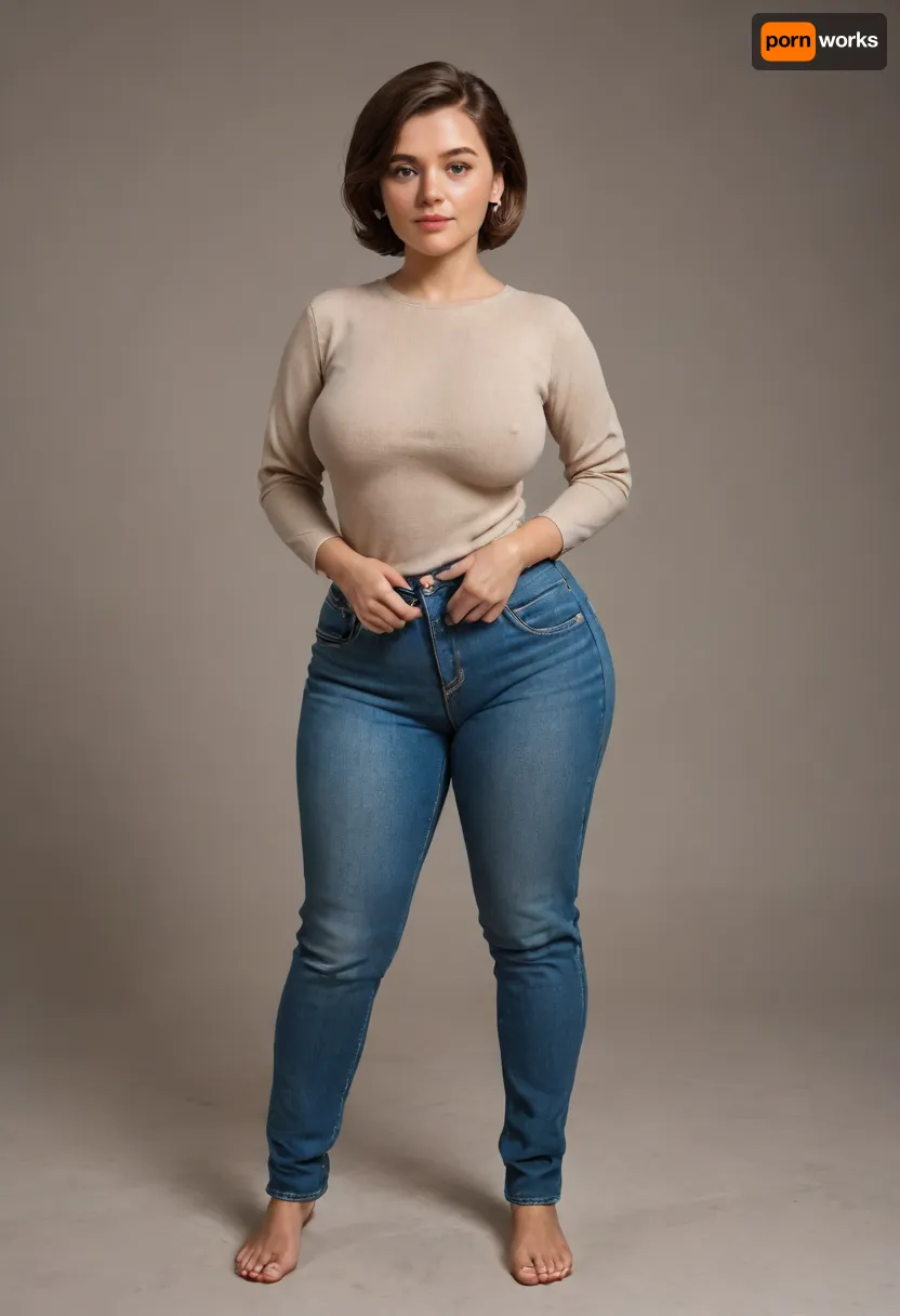 helen parr, large breasts, detailed waist, huge hips, saggy, beautiful face, tan skin, horny expression, jeans, tan long sleeve shirt, standing, full body, plump pelvis, fupa
