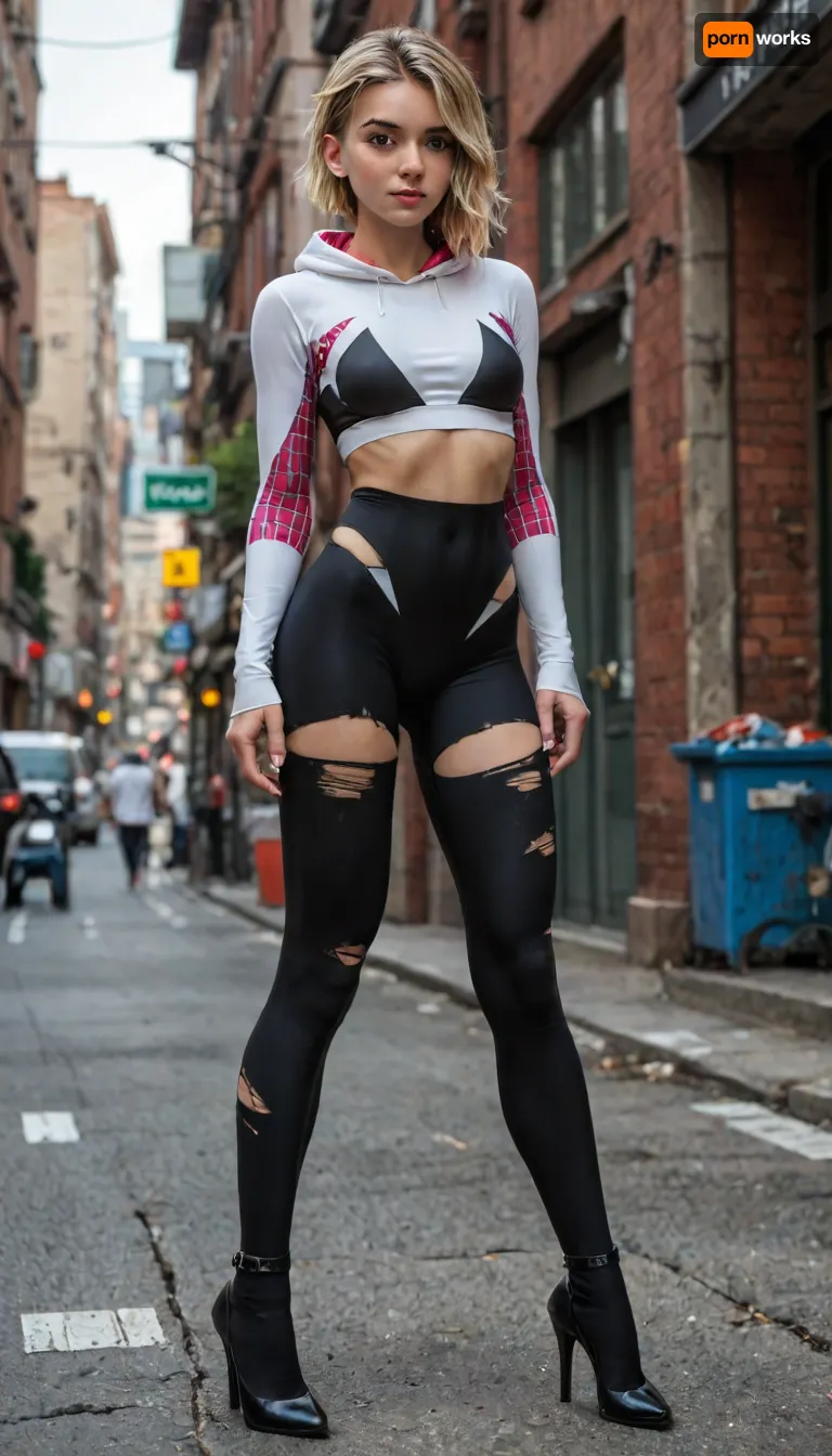 Super realistic 8k style, score_9, score_8_up, score_7_up, FILM PHOTOGRAPHY STYLE, gwen stacy from into the spider verse, spider gwen outfit, spider gwen costume, high heels, big boobs, slender legs, narrow calves and thigh-highs, torn clothes, full body view, <lora:detailed_notrigger:2>, <lora:LCMTurboMix_Euler_A_fix:.8>, <lora:677862_training_data:.8>, (crop, top:1), <lora:add-detail-xl:.8>
