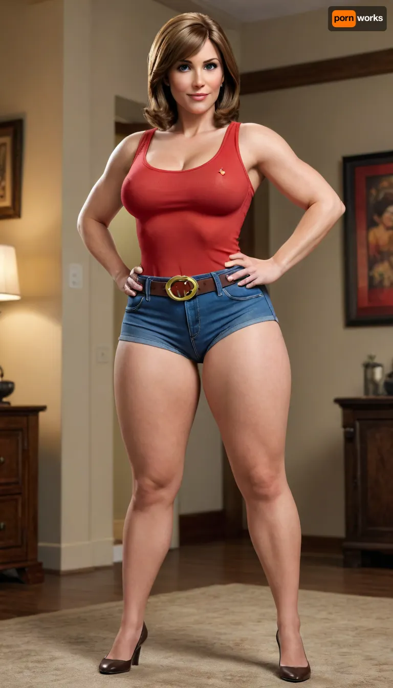 helen parr, large breasts, detailed waist, plump waist, huge hips, saggy, beautiful face, tan skin, horny expression, jeans, red sleeveless shirt, standing, full body, plump pelvis, fupa, petite, indoors, huge pubis, bottomheavy, big, ass, huge, gigantic, thick, thighs, massive, <lora:bottomheavy_v1_sdxl_tags:.8>