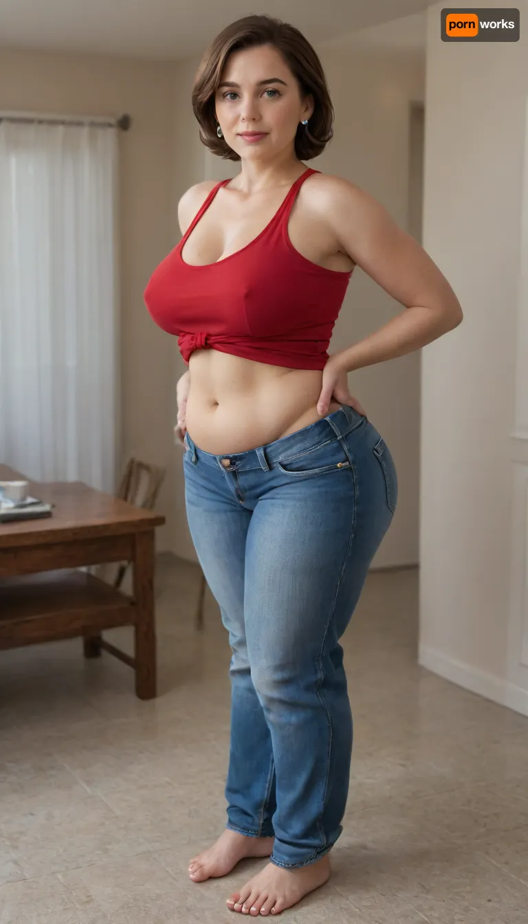 View from behind, helen parr, large breasts, detailed waist, plump waist, huge hips, saggy, beautiful face, tan skin, horny expression, jeans, red sleeveless shirt, standing, full body, plump pelvis, fupa, petite, indoors, huge pubis, bottomheavy, ass, massive, <lora:bottomheavy_v1_sdxl_tags:.8>, flat, chest, big, breasts, huge, gigantic, small, hips, thighs, wide, thick, plump, belly, muscular, female, arms, extra, abs, <lora:Venus_Body_Alpha:.8>