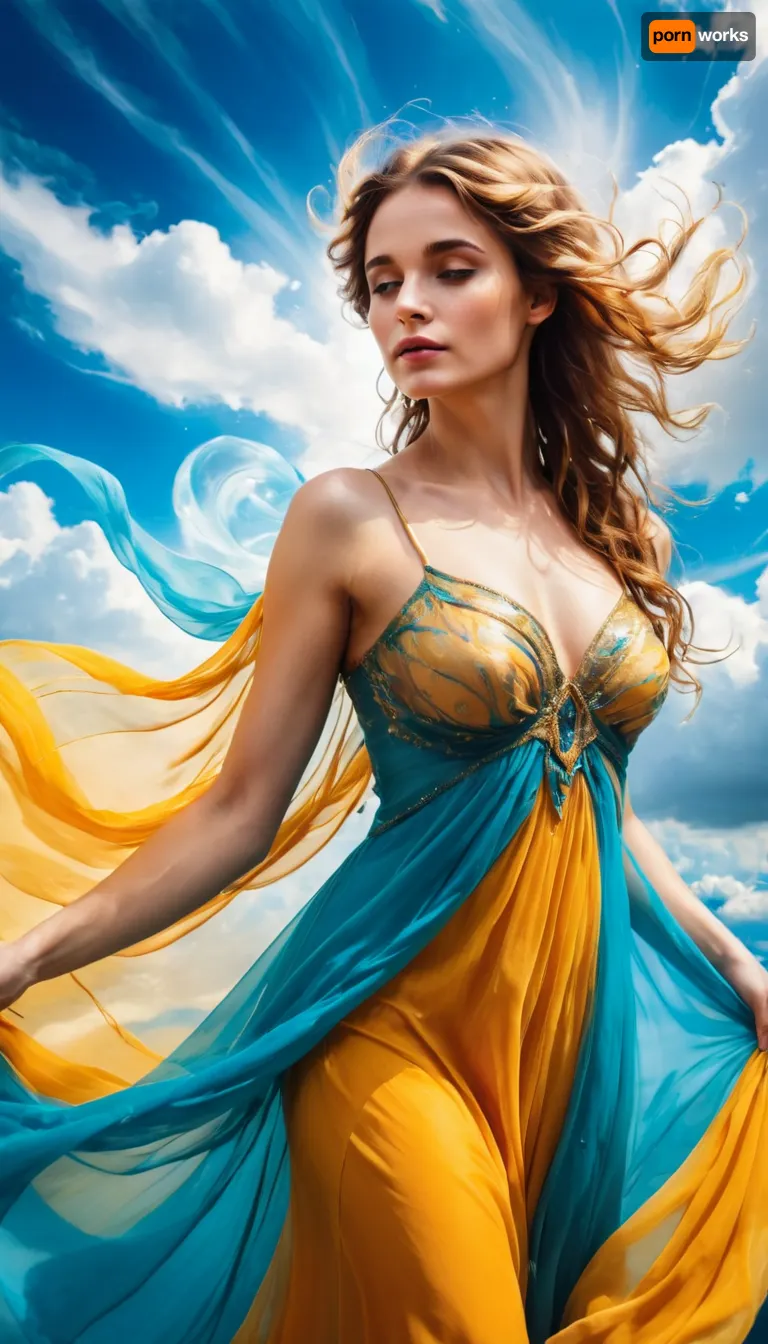 (woman, fae, fairy angelic, goddess of air), (infinite blue skies, sparkling golden sunlight, misty clouds), (motherly eyes, eye contact, focus of eyes), (high saturation, high contrast, vibrant colors, closeup, hair glow lighting), (descending from the clouds), (billowing dress, filmy dress, chiffon), Colorsplash, <lora:SDXLPaintSplash:1.8>, zavy-lqdprtrt, <lora:zavy-lqdprtrt-sdxl:.8>
