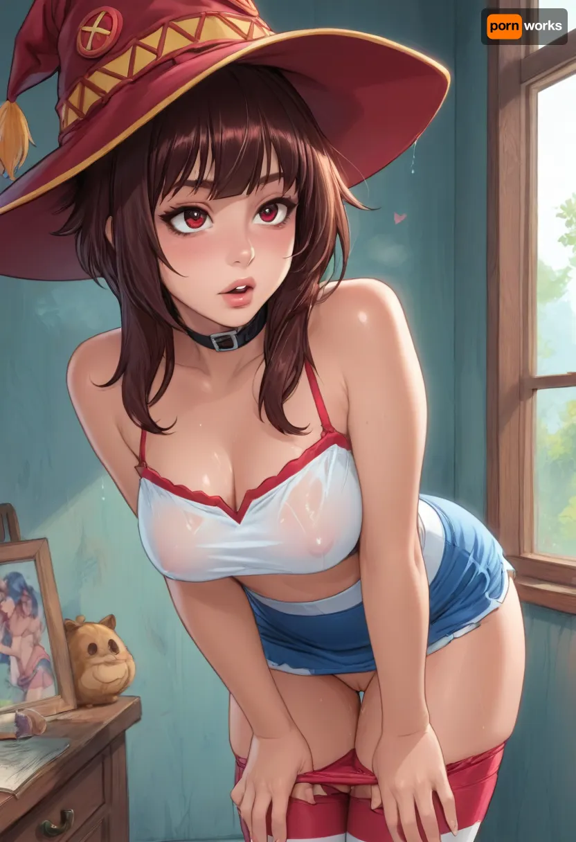 (reiq style), megumin from konosuba, ultra skirt, tight clothes, clothing fit, blue skirt, hypnotic eyes, standing, sweaty, red garter belt, large voluptuous tits, thick thighs, oily skin, sweaty on whole body, seduced, heart love, orgasm, panties down, bending over, vagina, ultra detail, wet clothes, null art, Melkor Mancin artstyle, score_9, score_8_up, score_7_up, <lora:cartoon_stickers_xl_v1:.8>, <lora:ratatatat74-000050:1.3>