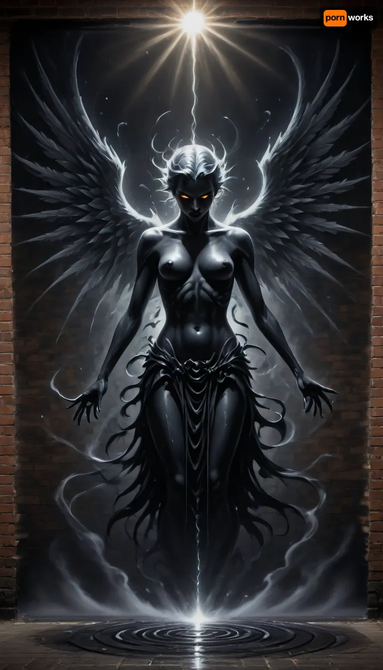 Street Art, Mural, Spray Paint, Tones of Black, High Contrast, Ultra-HD, Angelic, Evil, Powerful, Natural Lighting, Reflective, Polished, Brick, Aerosol, Dark, Fantasy, page, Fanmytwor, style, <lora:Dark Fantasy:2>, <lora:Fantasy World XL:2>, subatomic, <lora:Subatomic:.8>