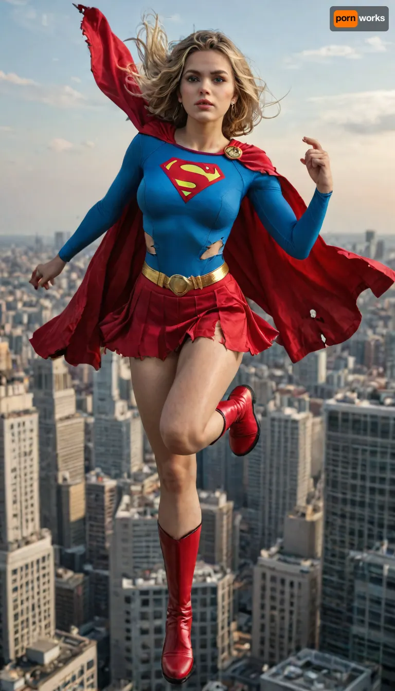 Super realistic 8k style, score_9, score_8_up, score_7_up, Supergirl, young adult and powerful superheroine, athletic yet feminine build, large bimbo breasts, shaved pussy, long blonde hair, piercing blue eyes, confident and determined expression. Wearing iconic Supergirl costume, blue fitted top with bold red and yellow 'S' emblem, red skirt, red cape billowing in the wind, red boots, golden belt, (torn and ripped suit:1.3), . Dynamic heroic pose, flying above a city skyline, bright sky and sunlight, cinematic, highly detailed, comic book style realism, epic atmosphere, <lora:detailed_notrigger:1>, <lora:add-detail-xl:.8>, <lora:LCMTurboMix_Euler_A_fix:.8>, <lora:677862_training_data:.8>