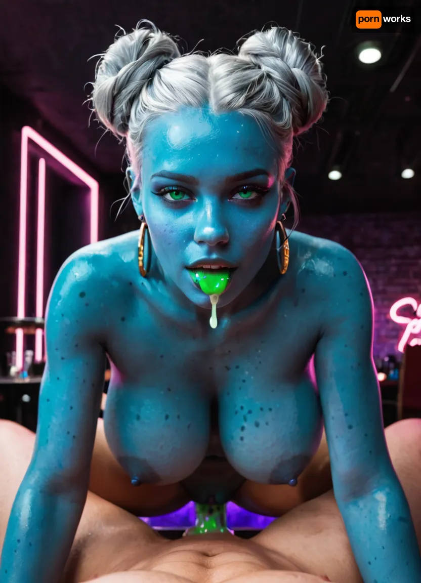 Blue alien stripper, in alien strip club, big tits, thick thighs, curvy, neon lighting, dark blue skin, straight silver hair in 2 buns, getting fucked doggystyle, pov, Nordic face, European nose, beautiful face, strong jaw line, neon green cum dripping out of pussy