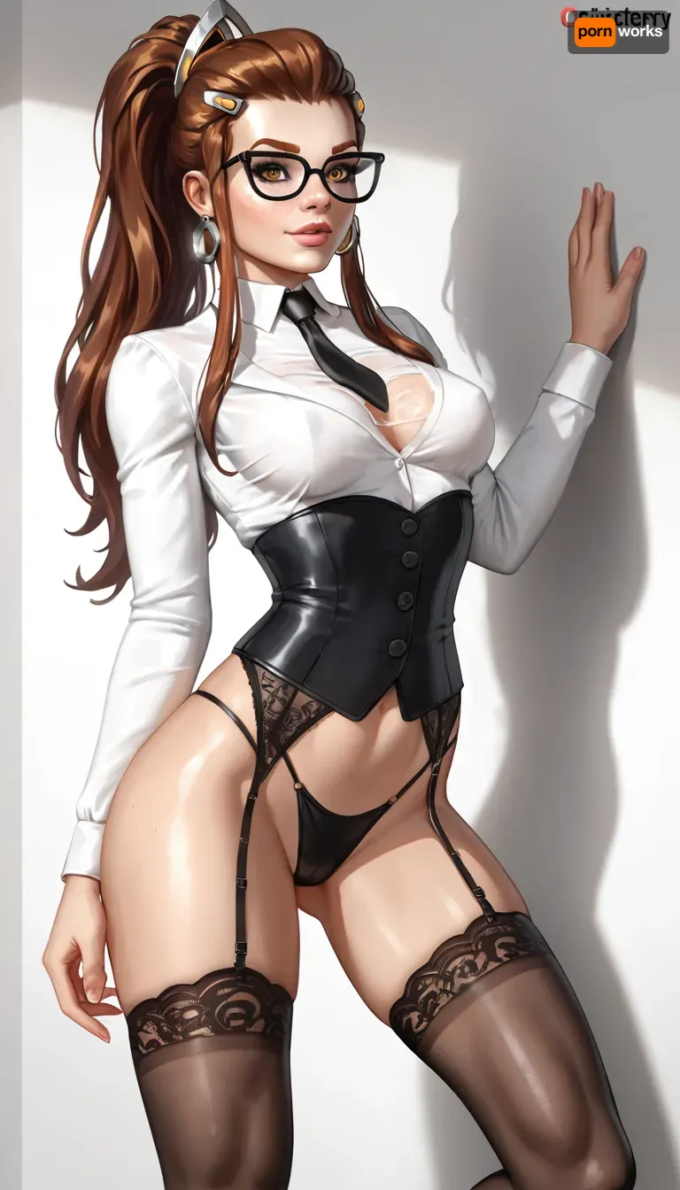 Brigitte Lindholm, slim body, tiny-waist, pointy breasts, posing sexy, ((black waist cincher, black thong, black stockings, secretary glasses, strict glasses)), garterbelt, garters, legs apart, white wall, white painted wall, clean wall, plain wall, clear wall