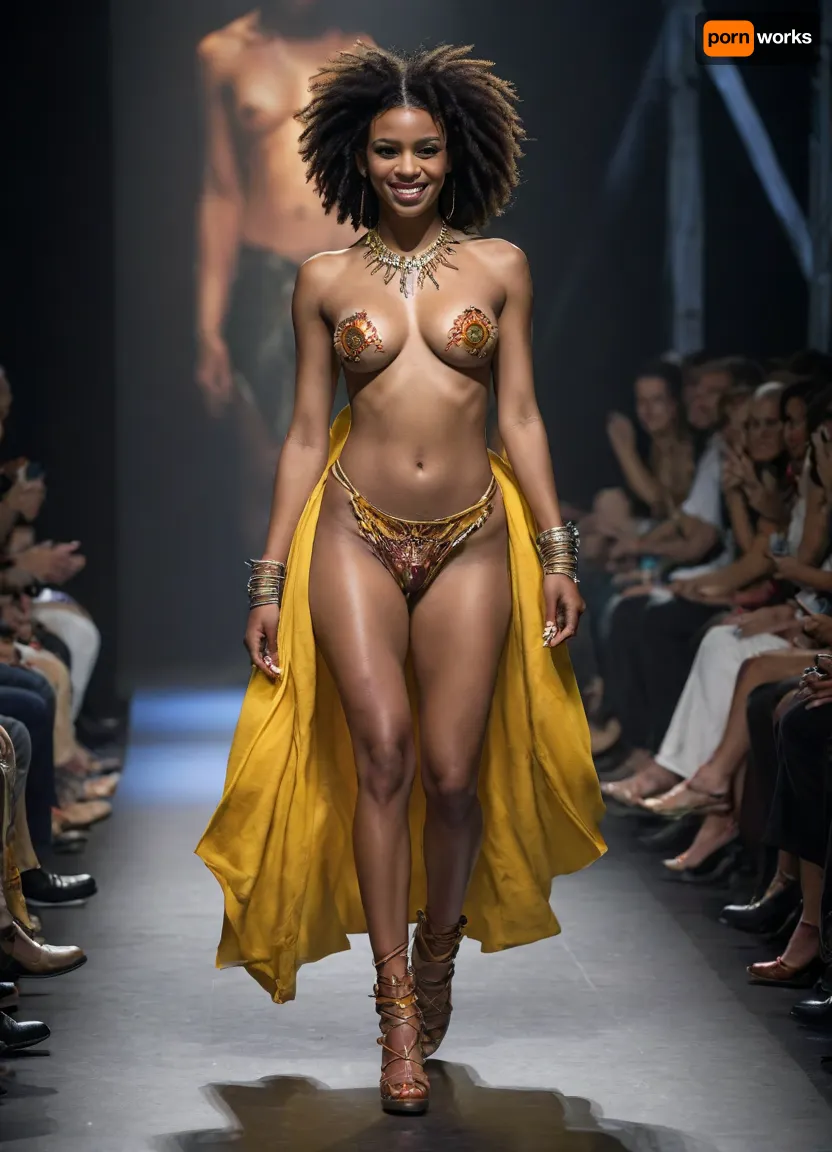 a semi-naked Brazilian princess, sexy posing, smile, (covers her exposed breasts with her hands:1.2), squeezing boobs, walks the runway at African Fashion Week with man African half naked, long curved legs, bright african avant-garde clothing, an avant-garde haute couture show, a fashion catwalk. side view, full body view, fashion runway inspired by cyberpunk, cinematic, detailed face, perfect photography, <lora:weird_runway:.1>, <lora:artfullyAVANTEGARD_SDXL_V1.1:1.6>