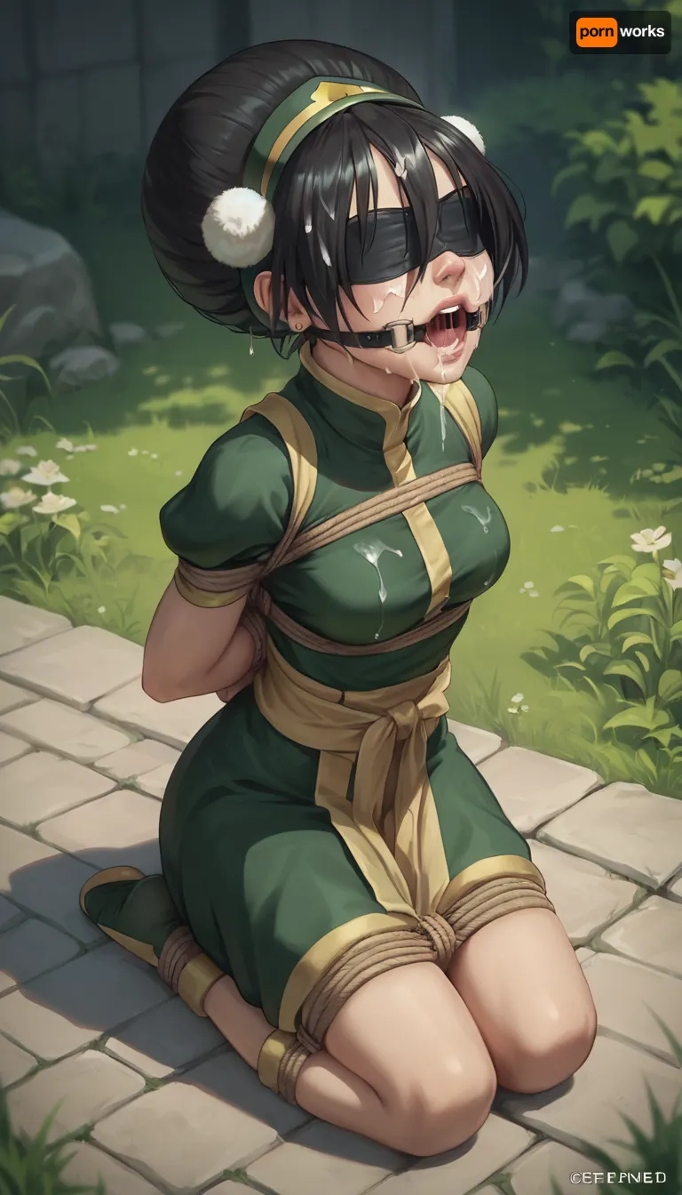 toph beifong, blindfolded, fully clothed, 1girl, tied, tied arms, tied legs, solo, kneeling, cum on face, full body, outdoor, ring gag, open mouth gag