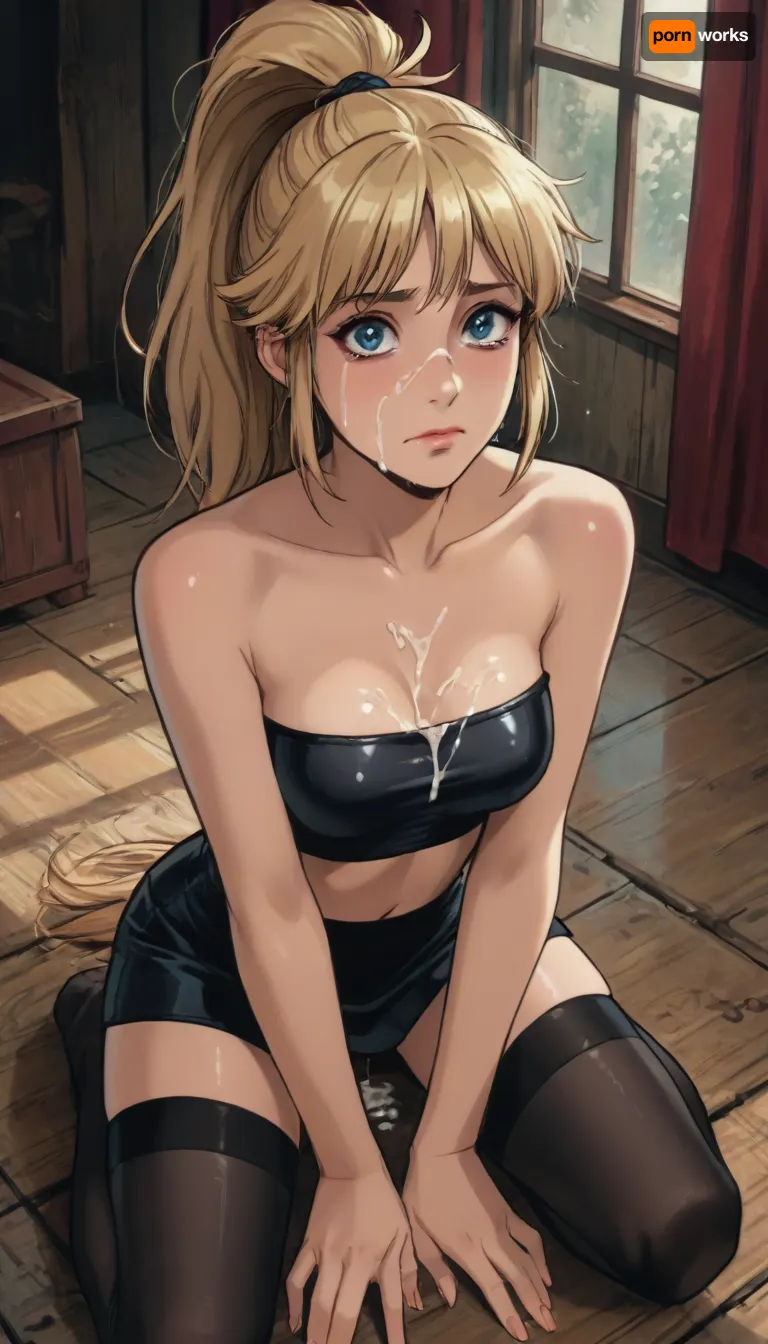 Score_9, score_8_up, score_7_up, reiq meets markgavatino art style, 22 year old, black stockings, leather micro skirt, tube-top, ((woman, kneeling on floor)), ((long_straight_blonde_hair in a high ponytail)), on knees, looking up at you, (((teary eyes))), ((cum on face, cum on breasts)), cute, doodle, ratatatat74, <lora:cutedoodle_XL-000012:.8>, <lora:ratatatat74-000050:.8>, <lora:NEOTOKIOXL_0.2_RC:.8>, <lora:outline_xl_kohaku_delta_spv5x:.8>