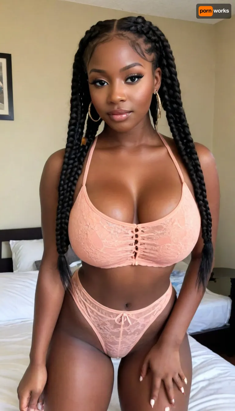((Thick 20 year old african, bimbo, bimbo tits, very dark skin, revealing peach colored lace outfit, extra long hair, dark black hair, large braided pigtails, large hoop earrings, large, breasts, big, boobs, huge, tits with perfect nipples and pierced nipples)), melanin, pierced nipples, NEGATIVE_HANDS, <lora:melanin-XL:1.3>
