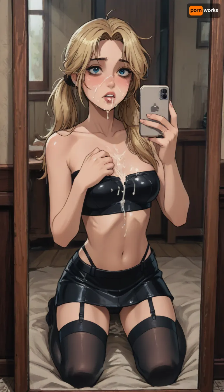Score_9, score_8_up, score_7_up, reiq meets markgavatino art style, 20 year old party girl, slutty, ruined smudged makeup, messy blonde long hair ponytails, medium chest, puffy nipples, cameltoe, pawg, kneeling, taking a selfie, full length mirror, black leather tube-top, leather micro skirt, black stockings with garters, garters, ((exhausted)), (cum on face, cum on breasts, cum leaking from mouth), covered in cum, detailed background, cute, doodle, ratatatat74, <lora:cutedoodle_XL-000012:.8>, <lora:ratatatat74-000050:.8>, <lora:NEOTOKIOXL_0.2_RC:.8>, <lora:outline_xl_kohaku_delta_spv5x:.8>